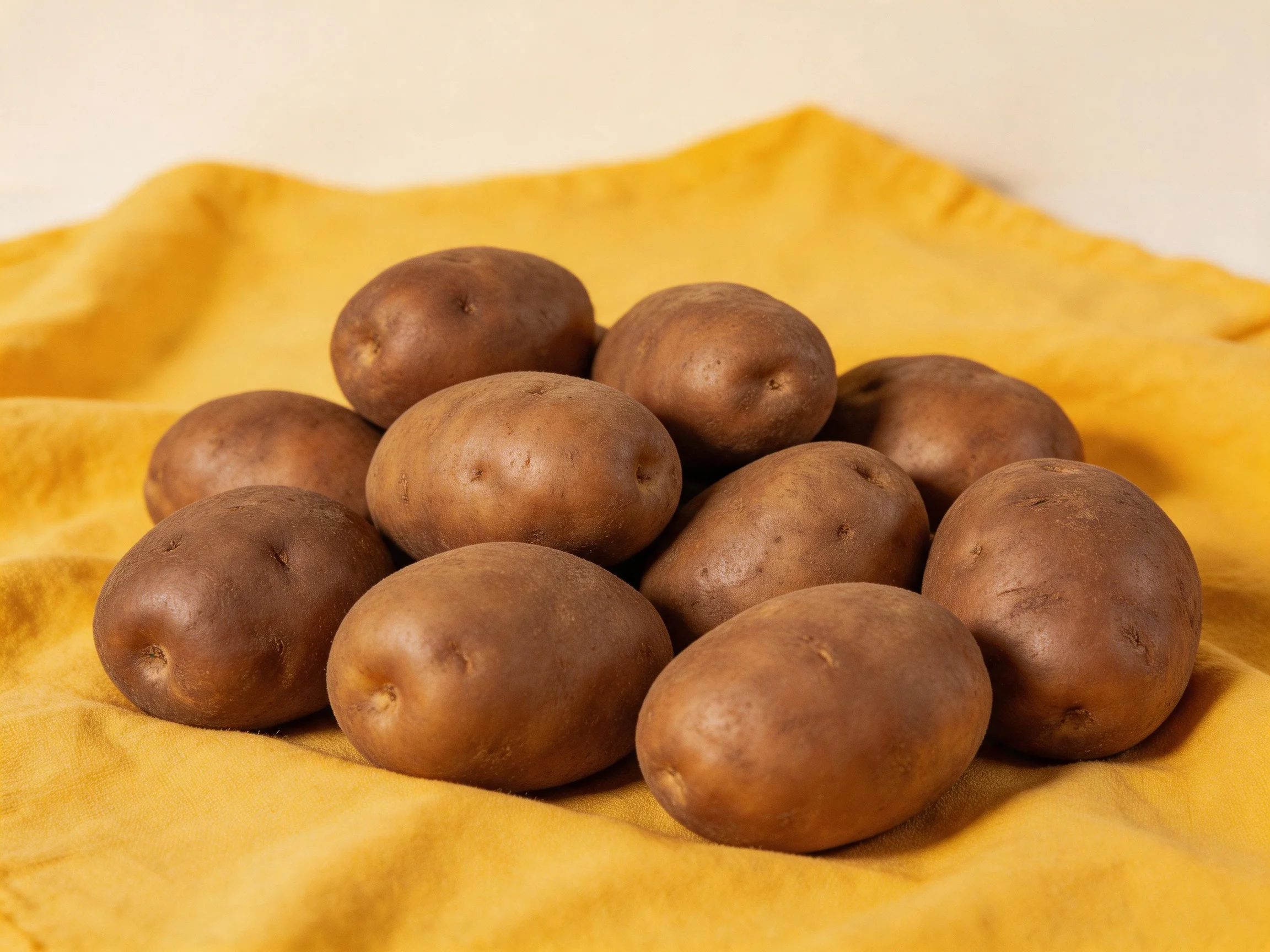 A pile of brown potatoes arranged on a bright yellow fabric