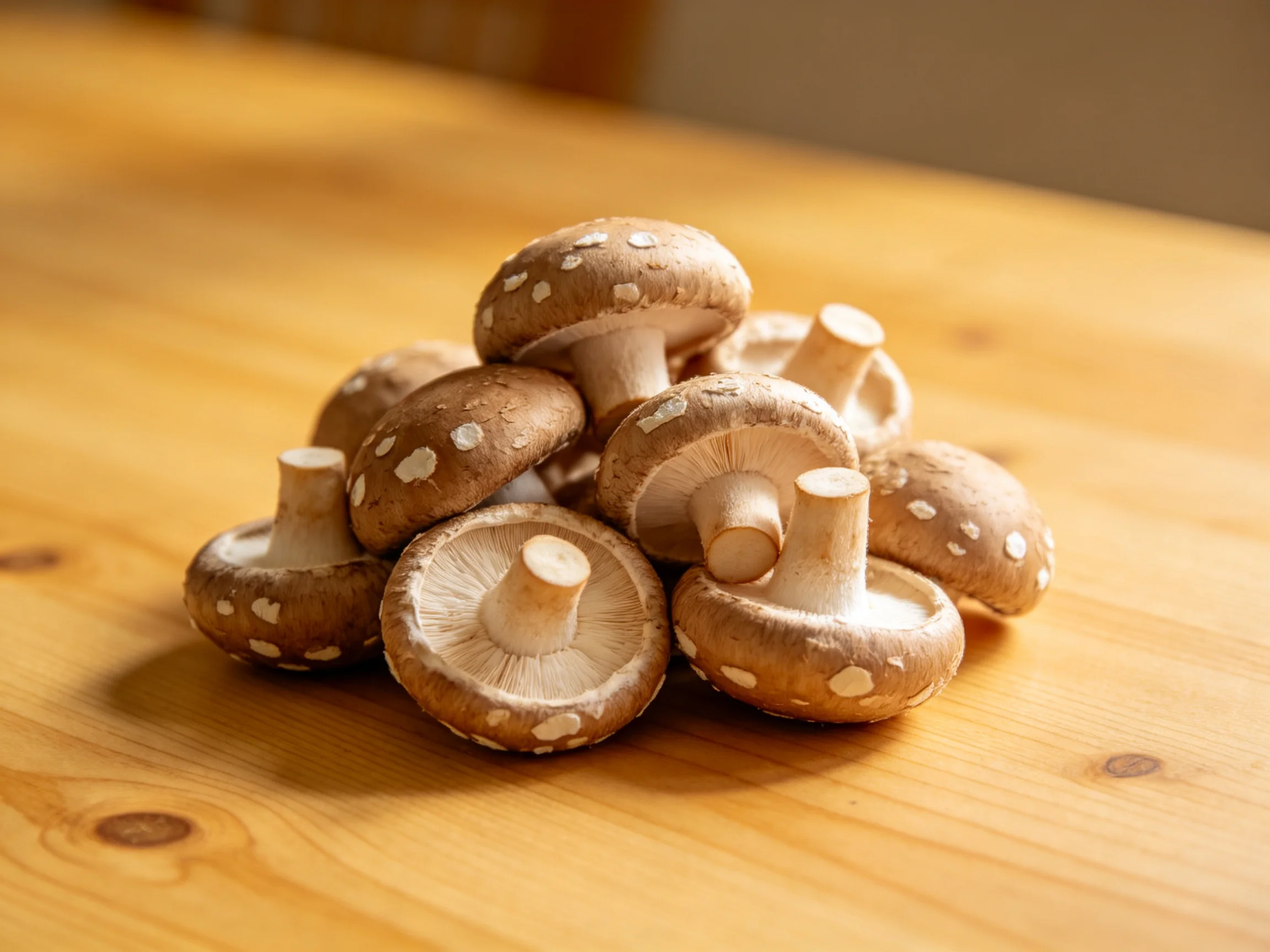 A pile of brown shiitake mushrooms sits atop a polished wooden table