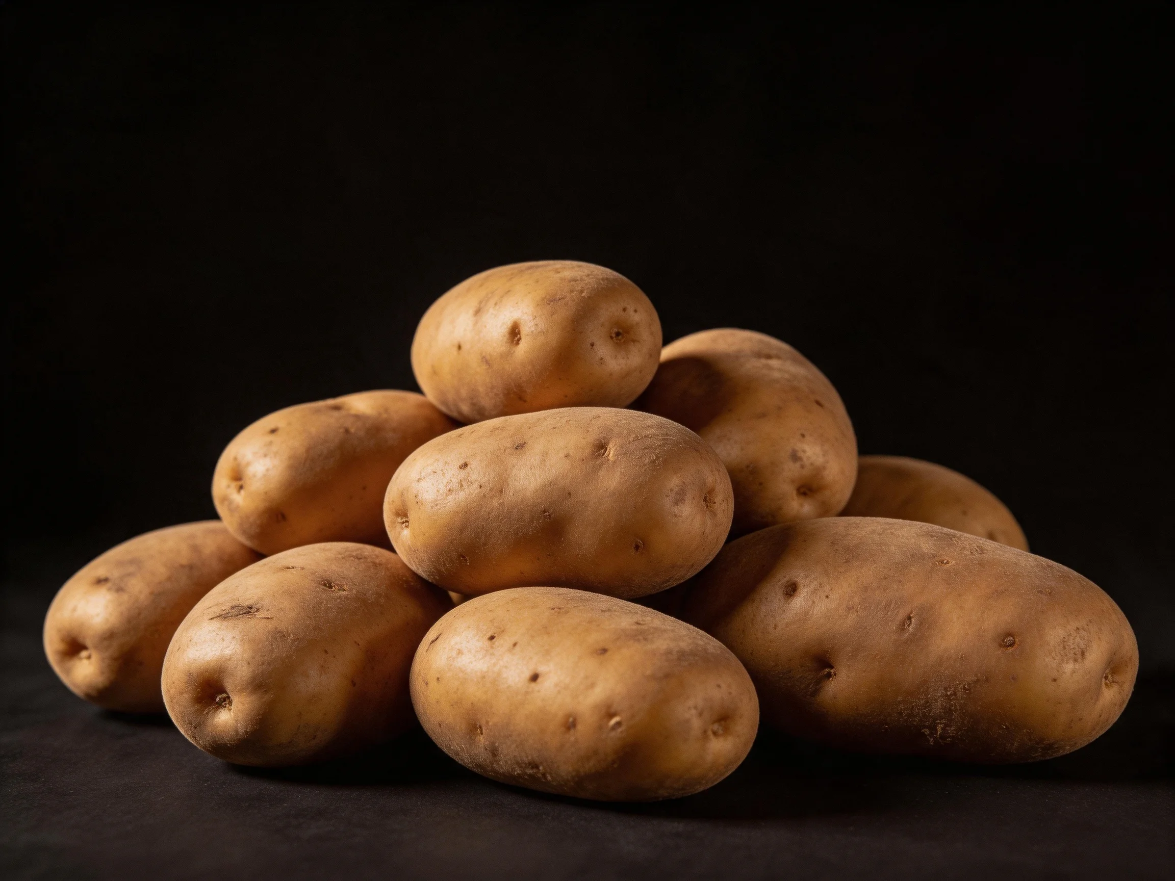 A pile of brown-skinned potatoes arranged in a pyramid on a dark surface