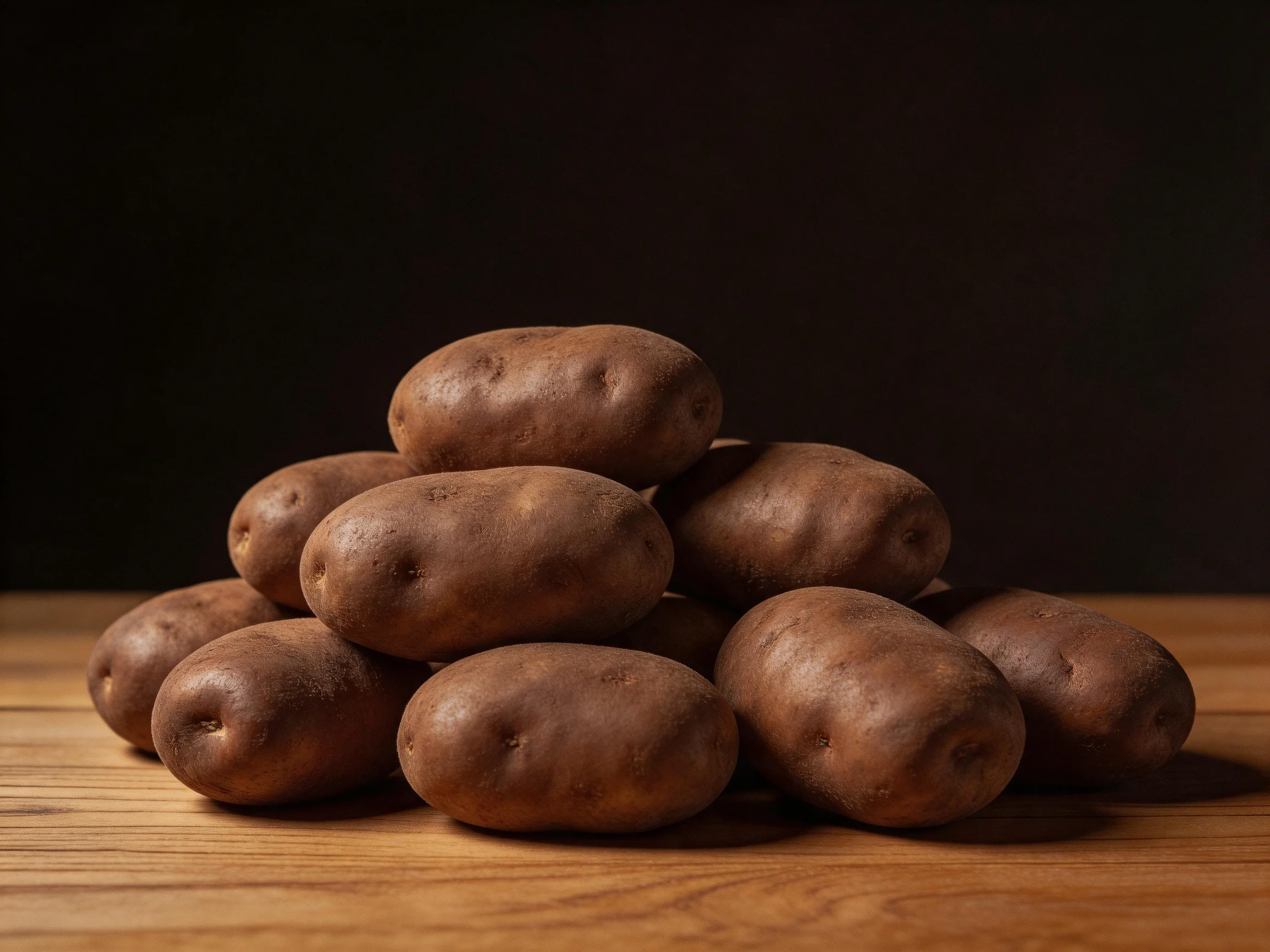 A pile of brown-skinned potatoes arranged in a pyramid on a wooden surface