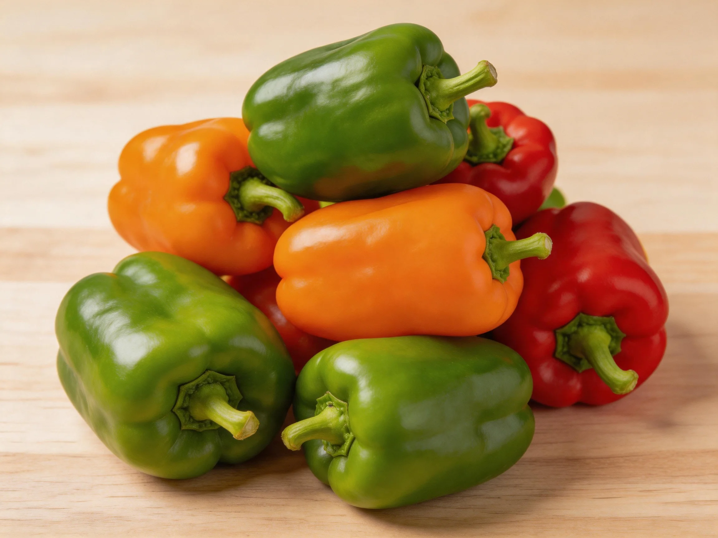 A pile of colorful bell peppers in green, orange, and red
