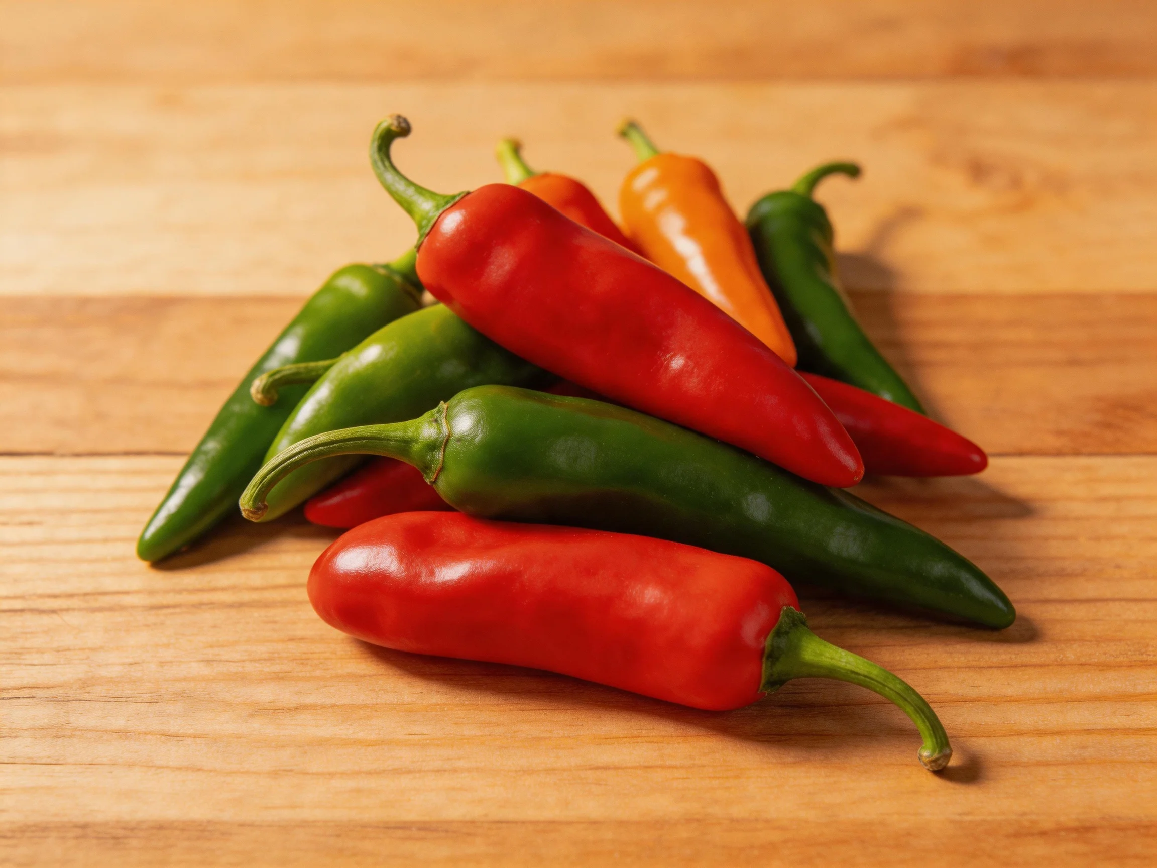 A pile of colorful green, red, and orange chili peppers on a wooden surface