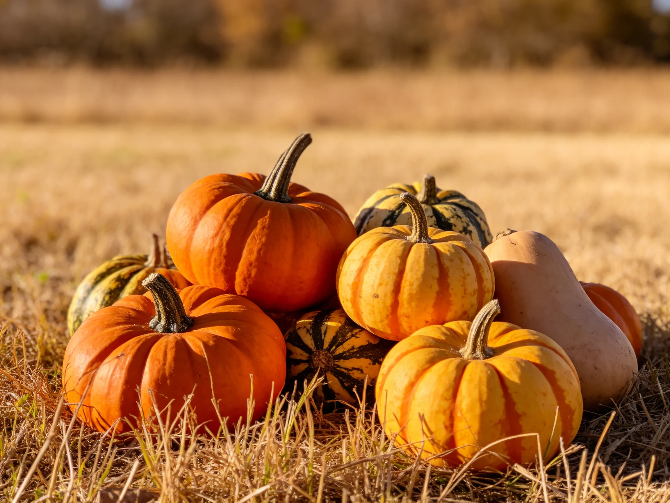 A pile of colorful pumpkins and squashes resting on dry grass