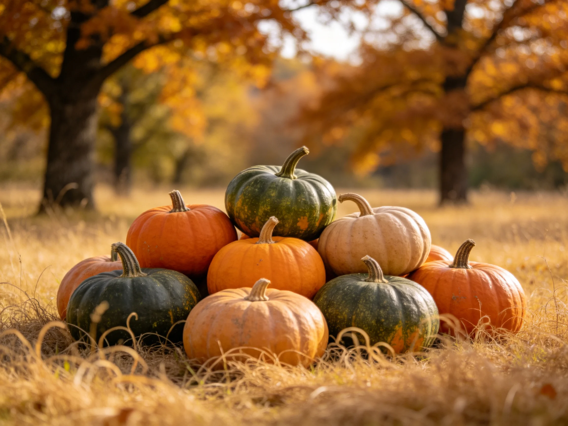 A pile of colorful pumpkins arranged in a field with golden trees