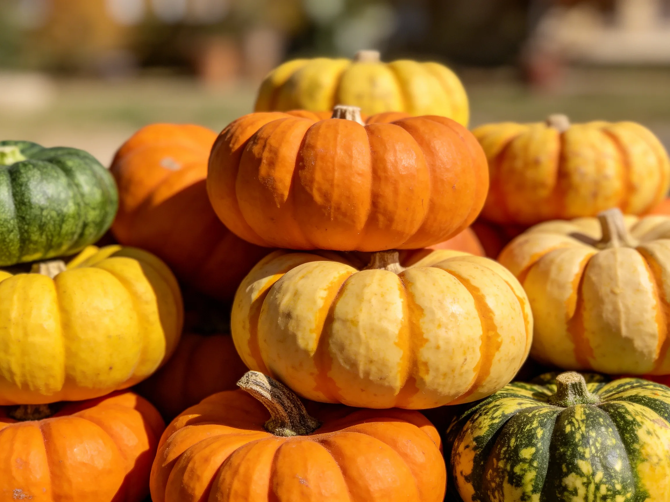A pile of colorful small pumpkins stacked outdoors