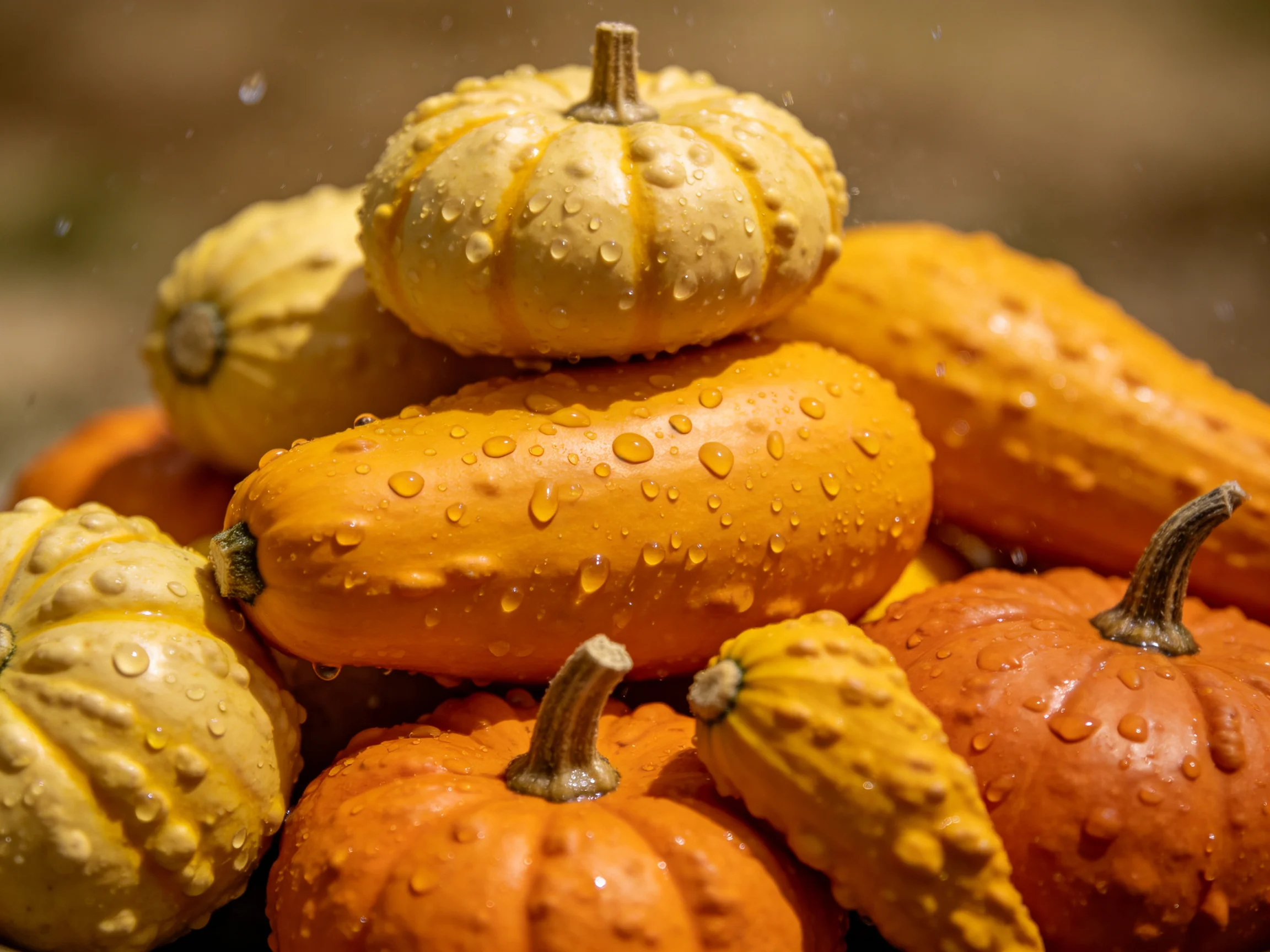A pile of colorful squash with water droplets, featuring yellow, orange, and beige varieties.