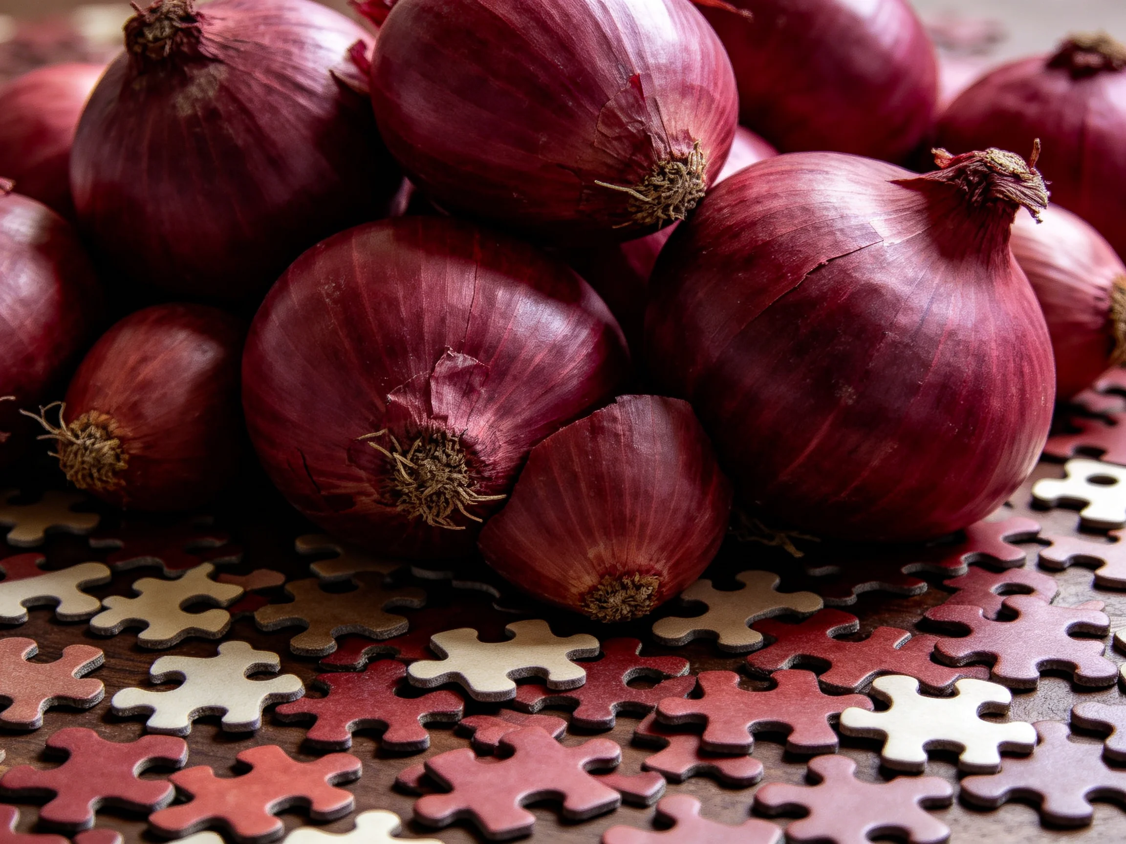 A pile of deep red onions rests atop scattered jigsaw puzzle pieces