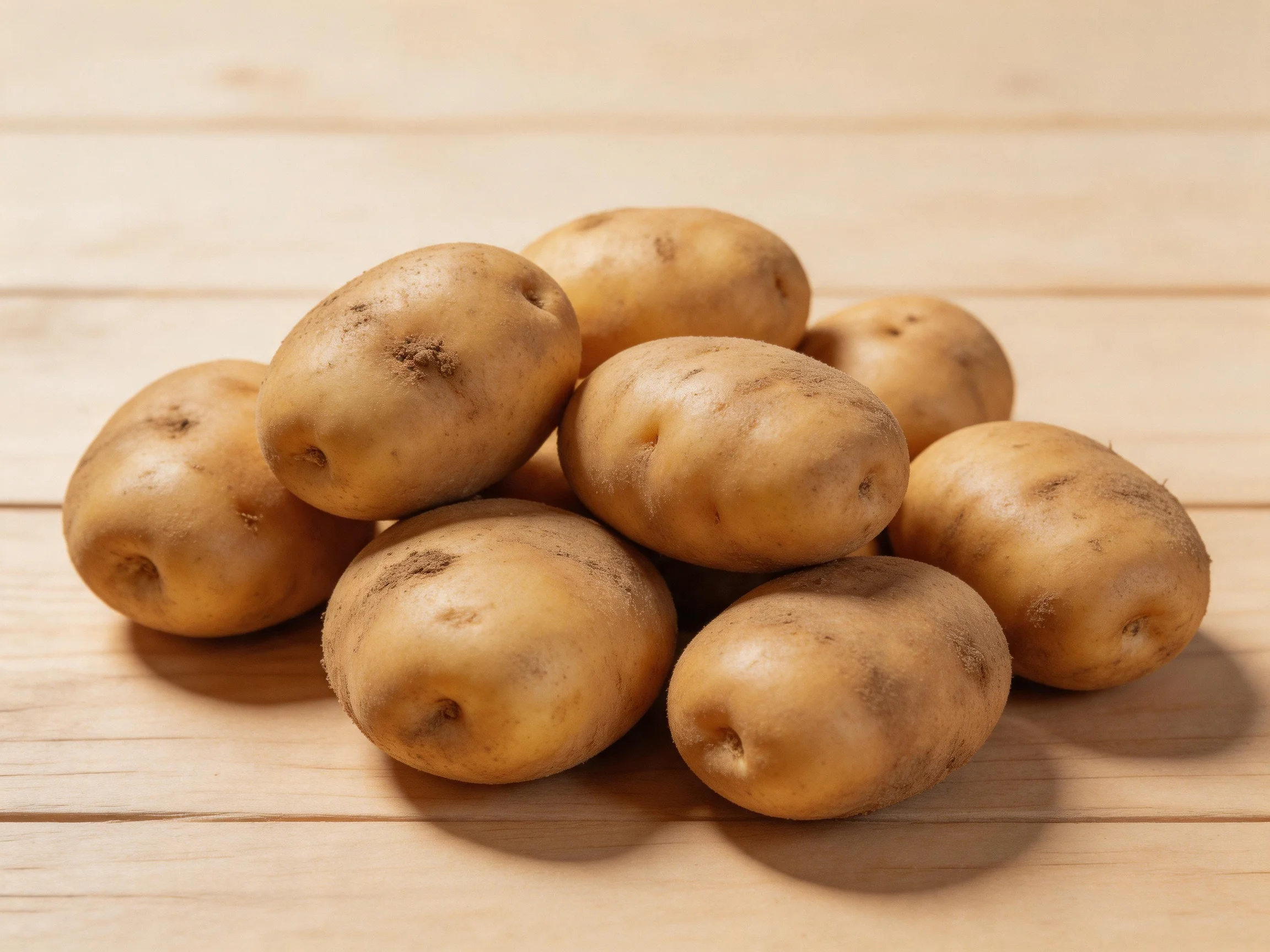 A pile of earth-toned potatoes arranged on a light wooden surface