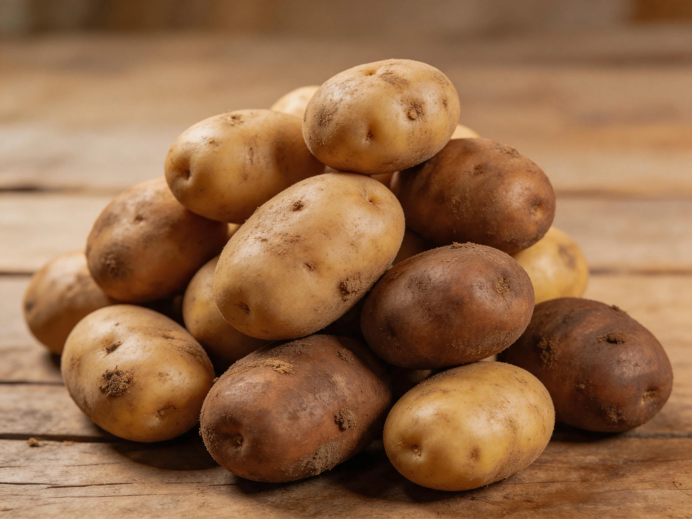 A pile of earth-toned potatoes stacked on a wooden surface