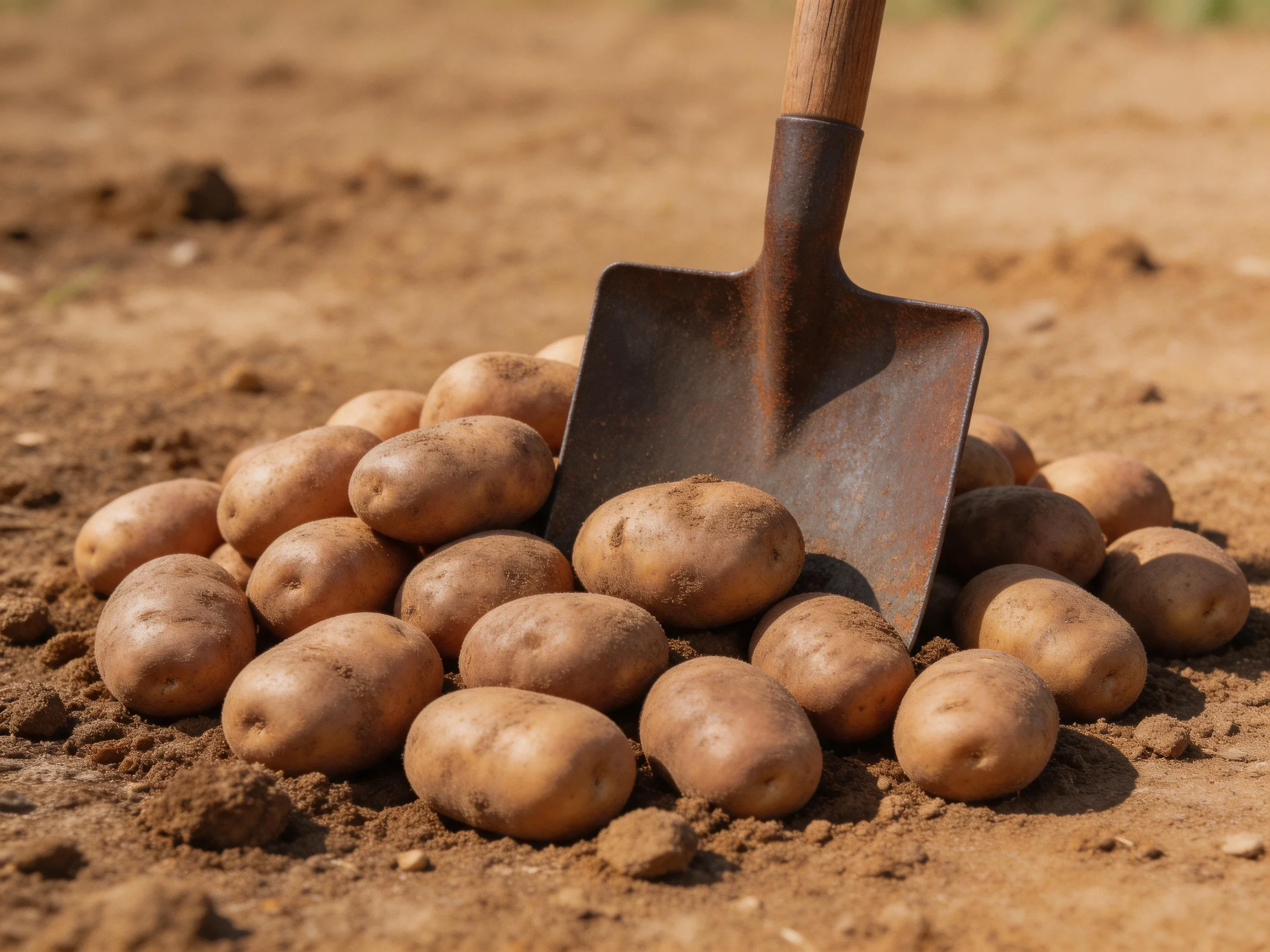 A pile of earthy brown potatoes with a rusty shovel on sandy soil