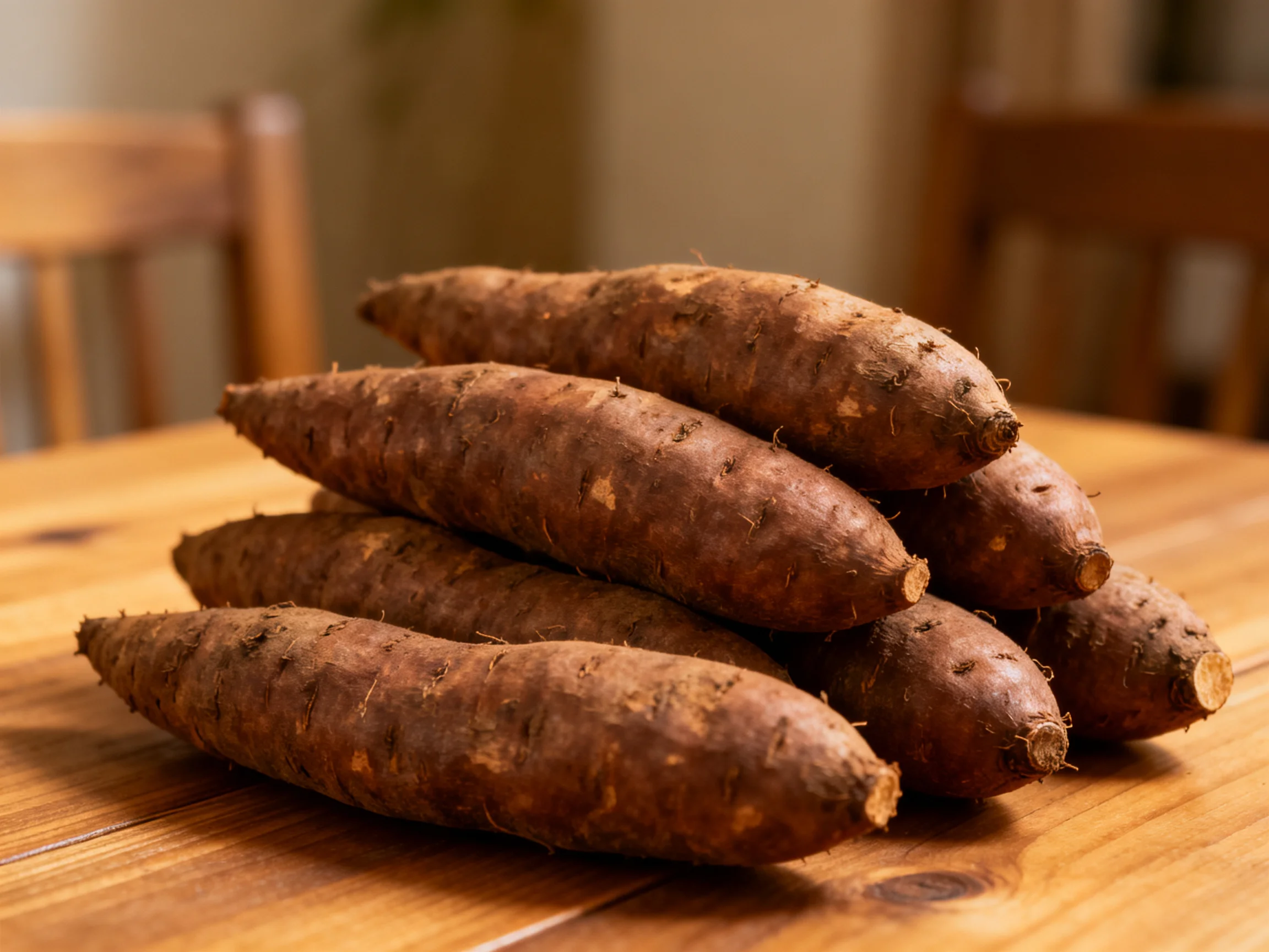 A pile of earthy-brown sweet potatoes stacked on a polished wooden table