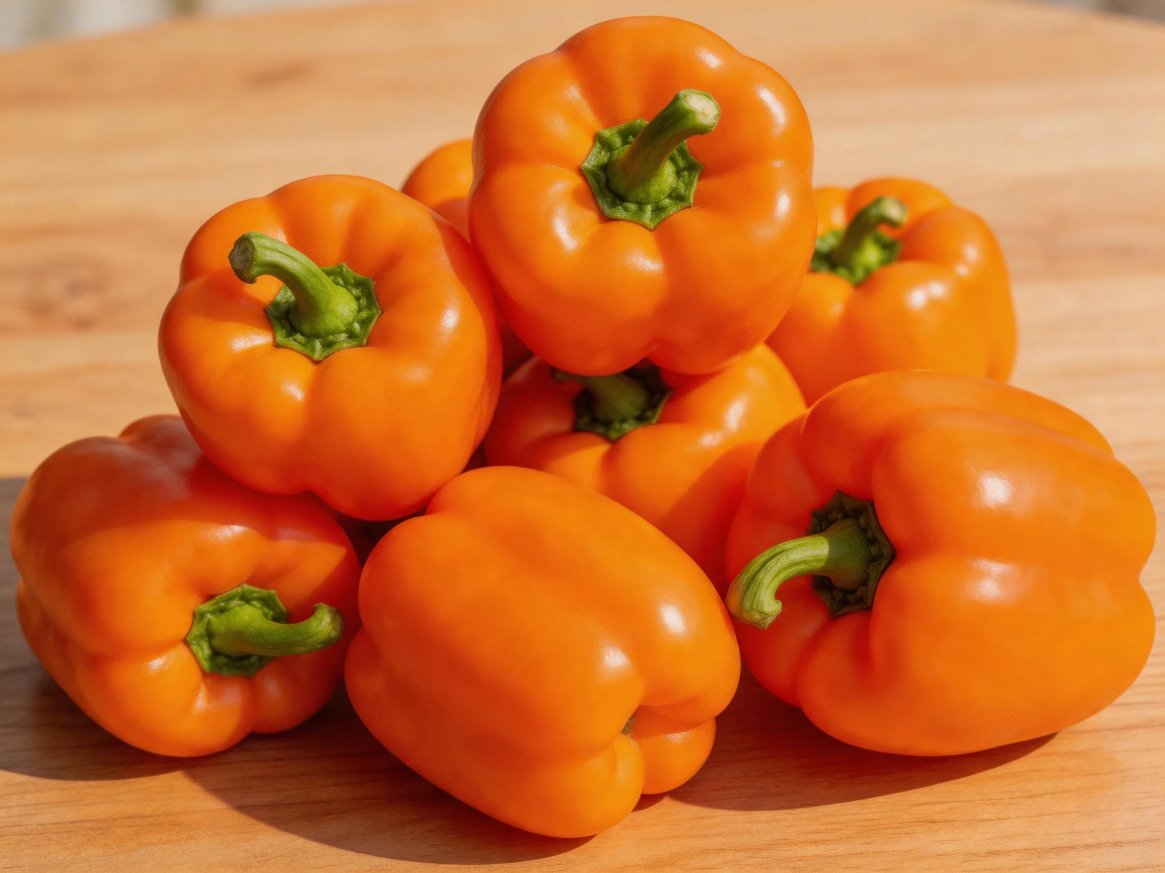 A pile of eight bright orange bell peppers on a wooden surface