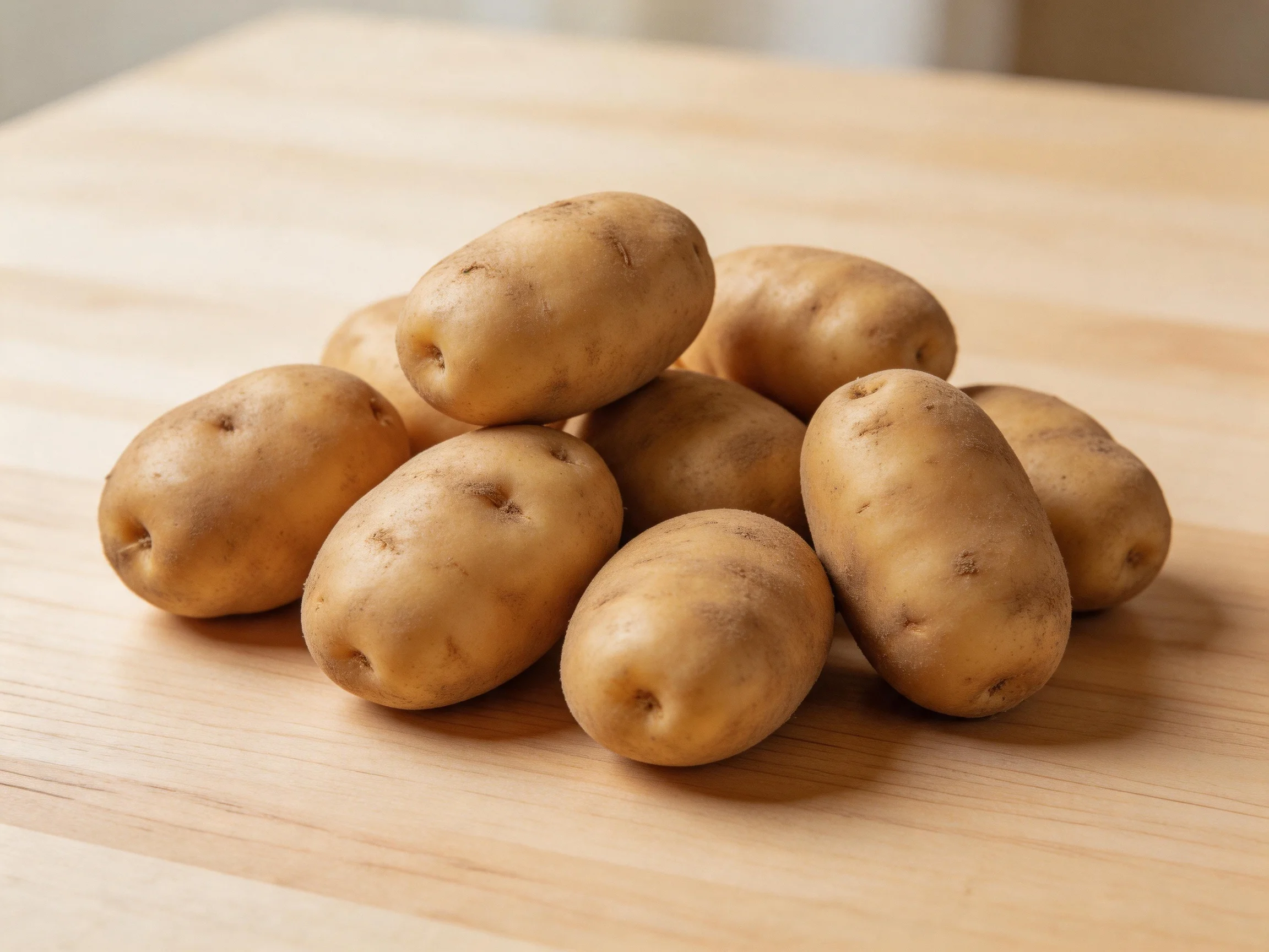 A pile of fresh brown potatoes arranged on a light wooden surface