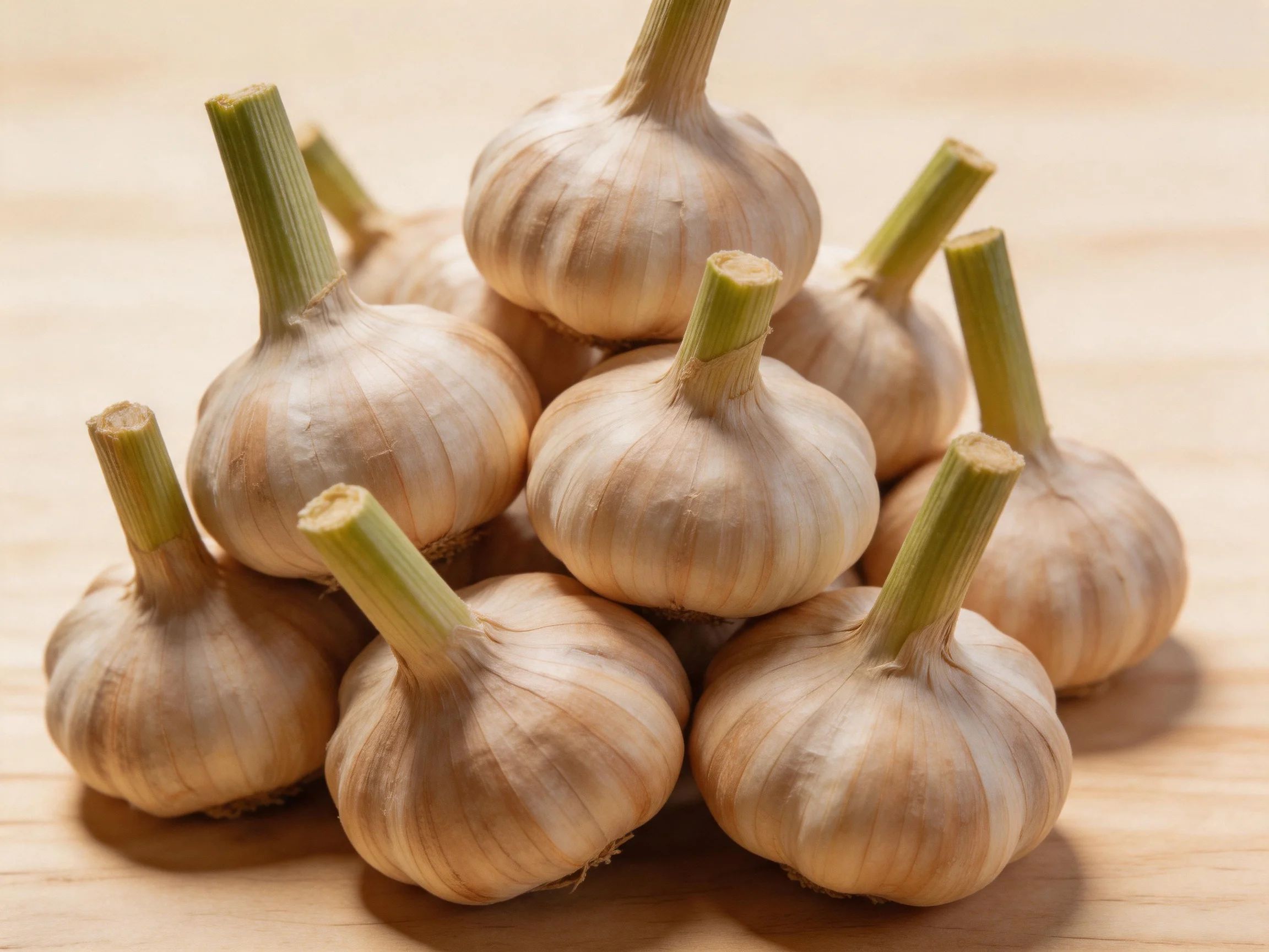A pile of fresh garlic bulbs with green stems on a light wooden surface
