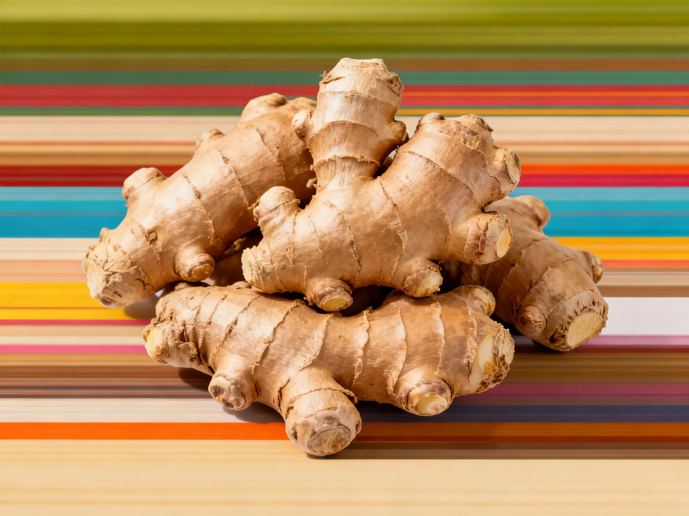 A pile of fresh ginger roots on a vibrantly striped multicolor surface