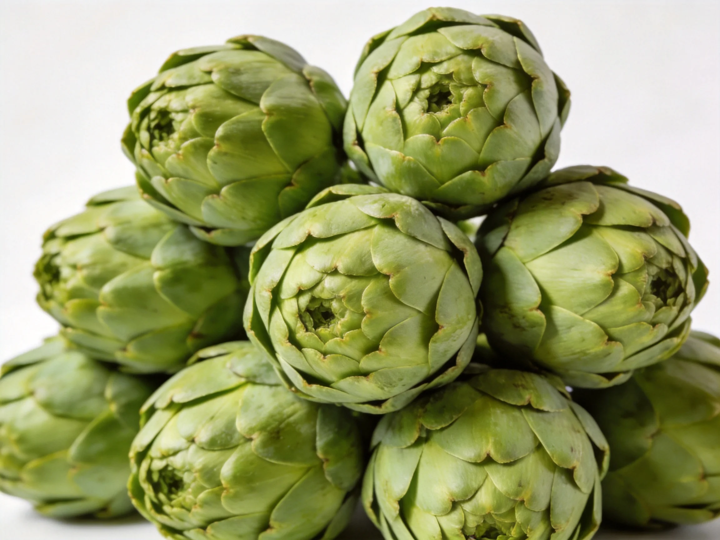 A pile of fresh green artichokes arranged in a pyramid formation