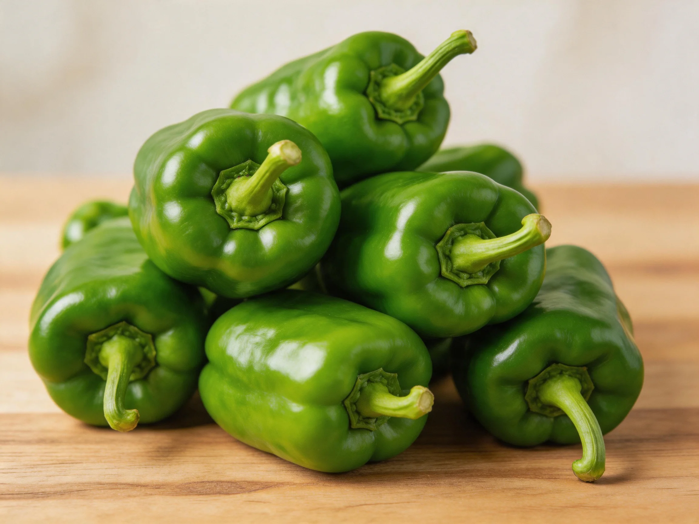 A pile of fresh green bell peppers arranged on a wooden cutting board