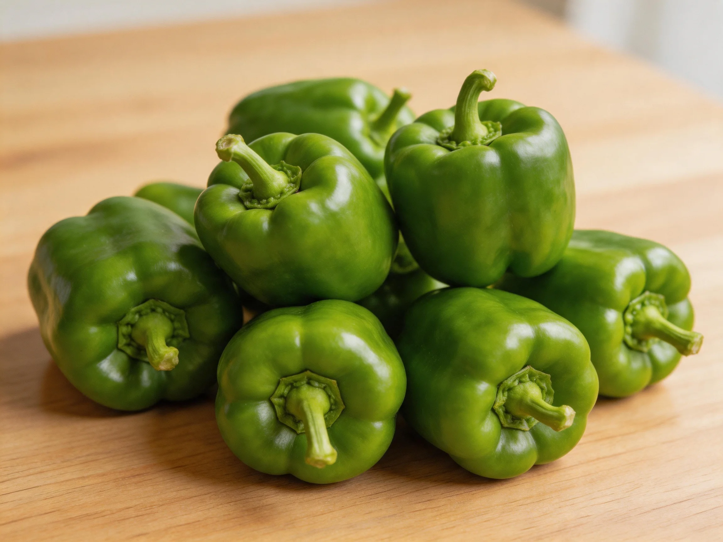 A pile of fresh green bell peppers arranged on a wooden surface