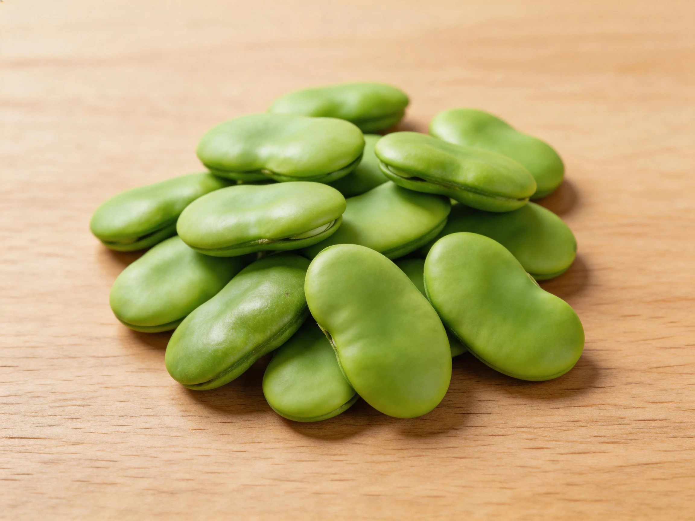 A pile of fresh green broad beans displayed on a light brown wooden surface