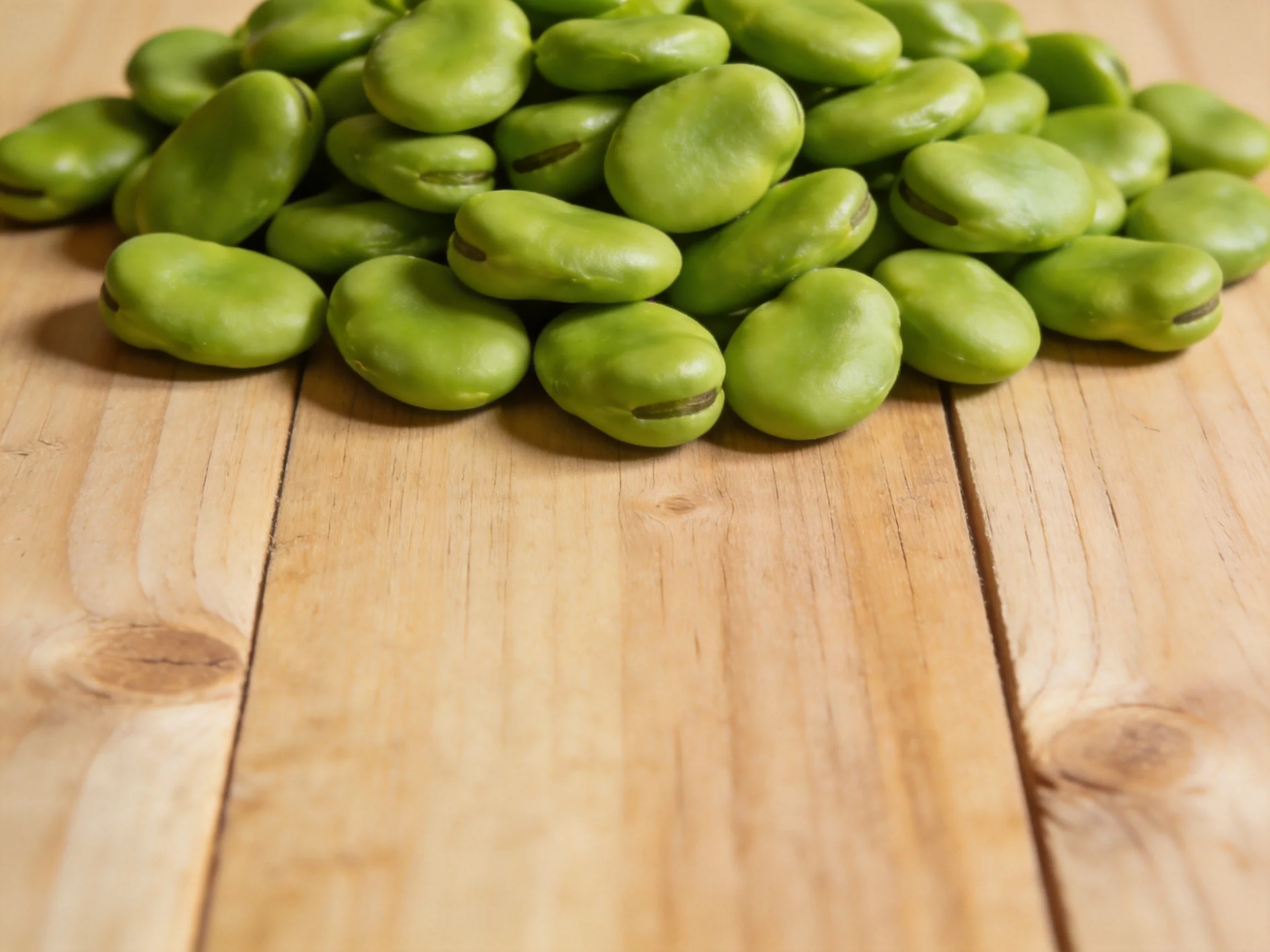 A pile of fresh green broad beans on a light wooden surface