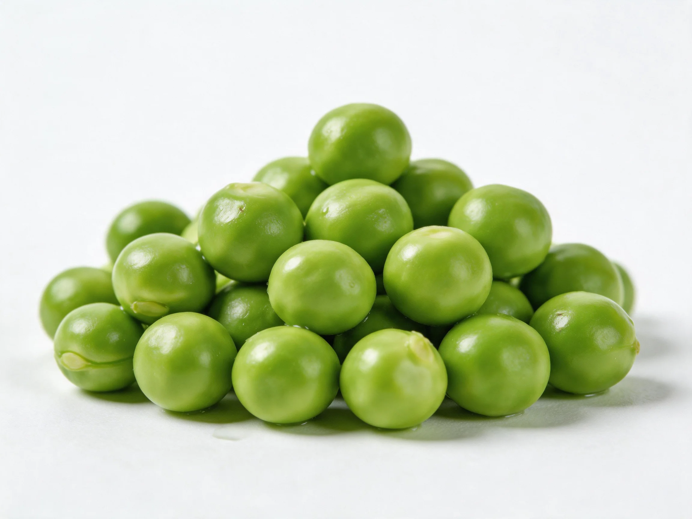 A pile of fresh green peas arranged in a pyramid formation