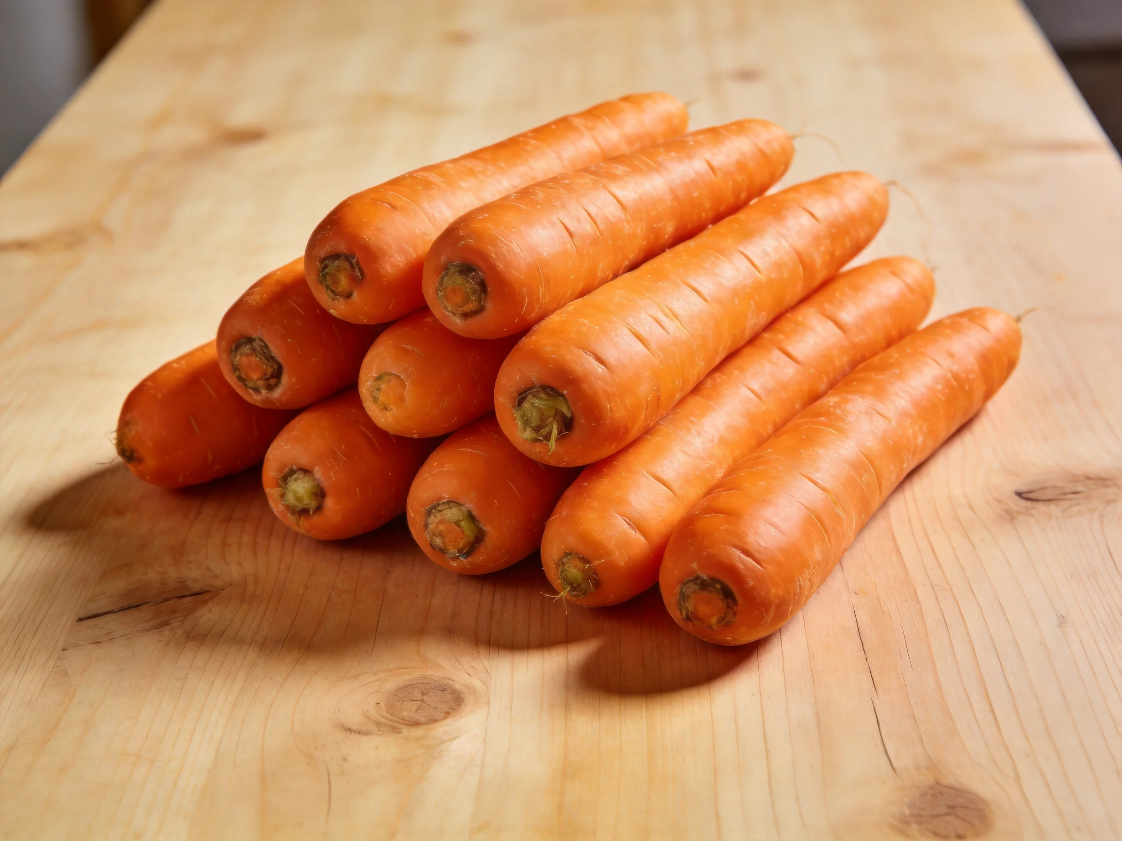 A pile of fresh, vibrant orange carrots arranged on a light wooden surface