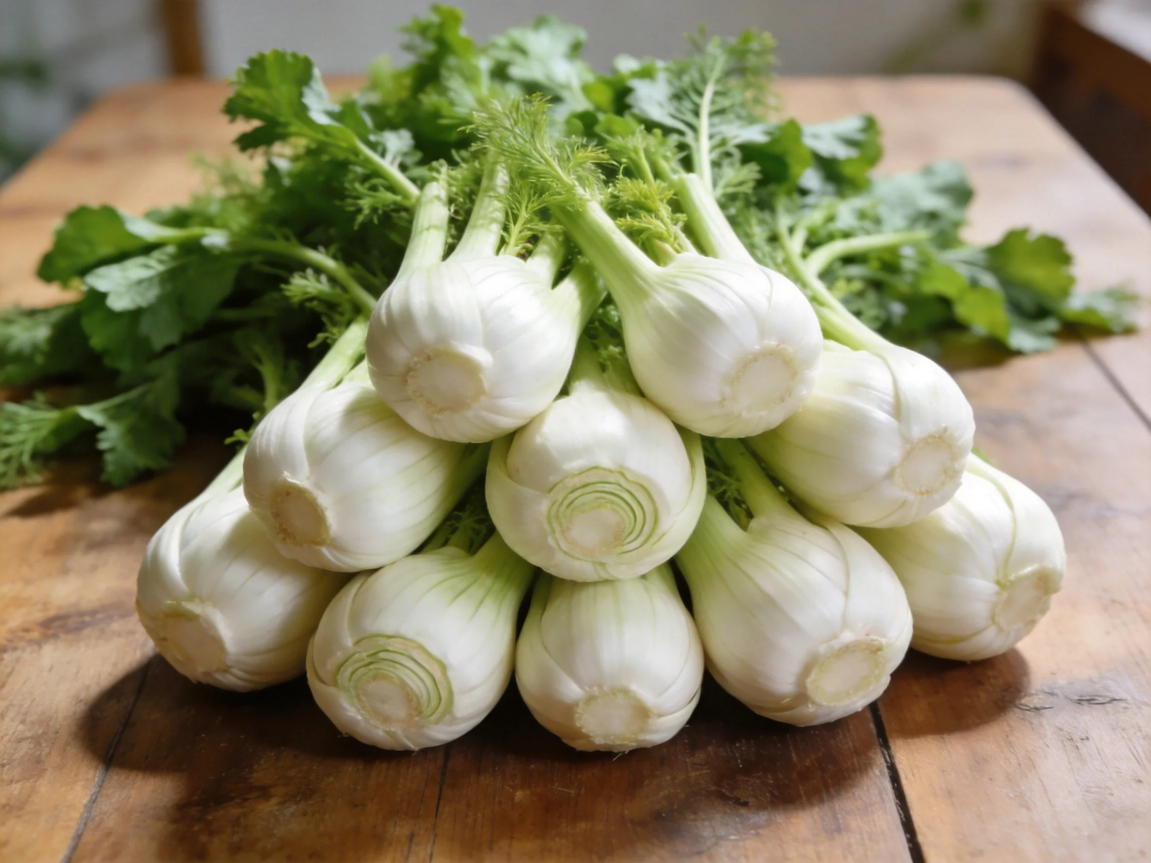 A pile of fresh white fennel bulbs with green foliage on a wooden table