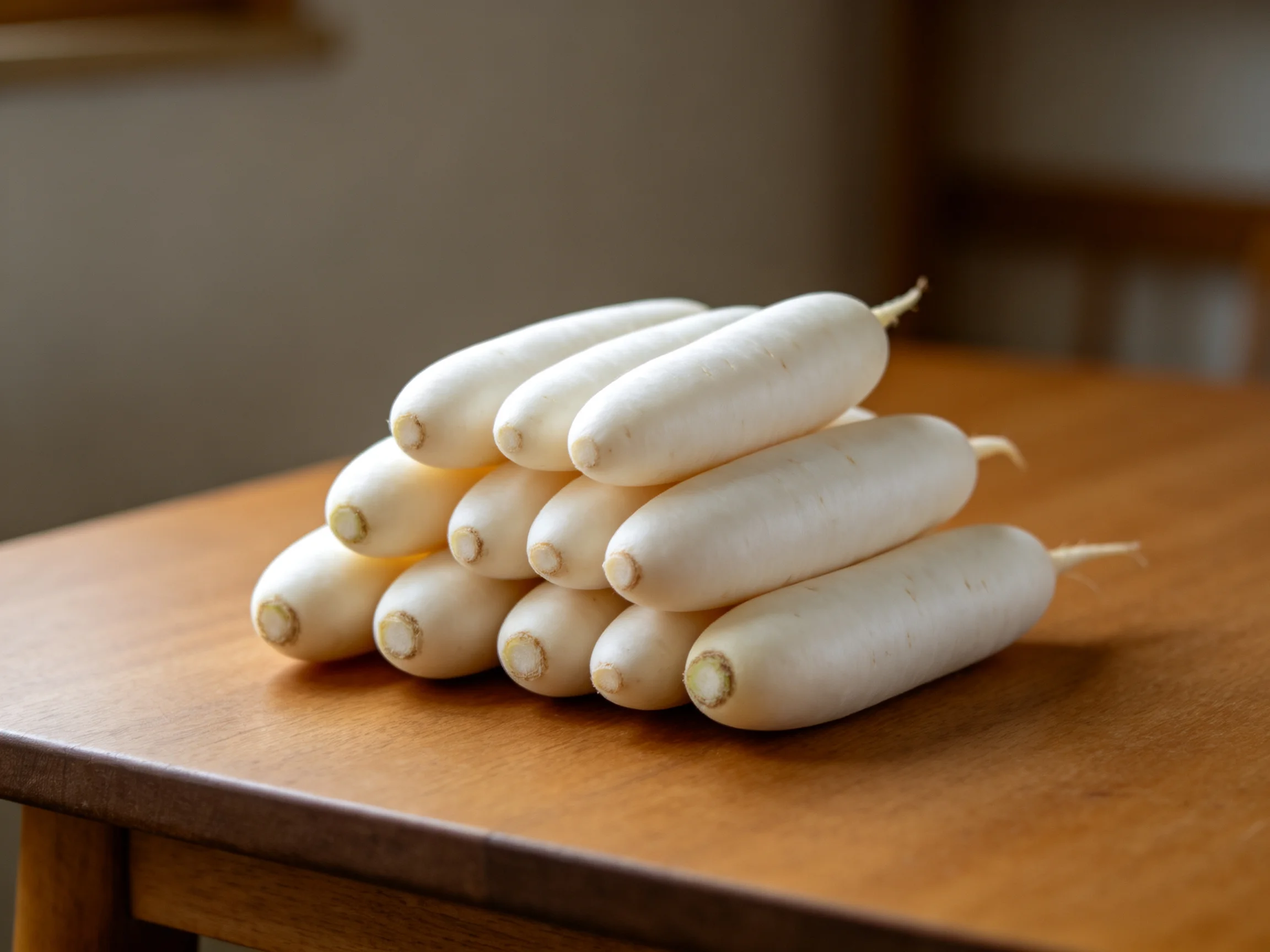 A pile of fresh white radishes arranged on a wooden table
