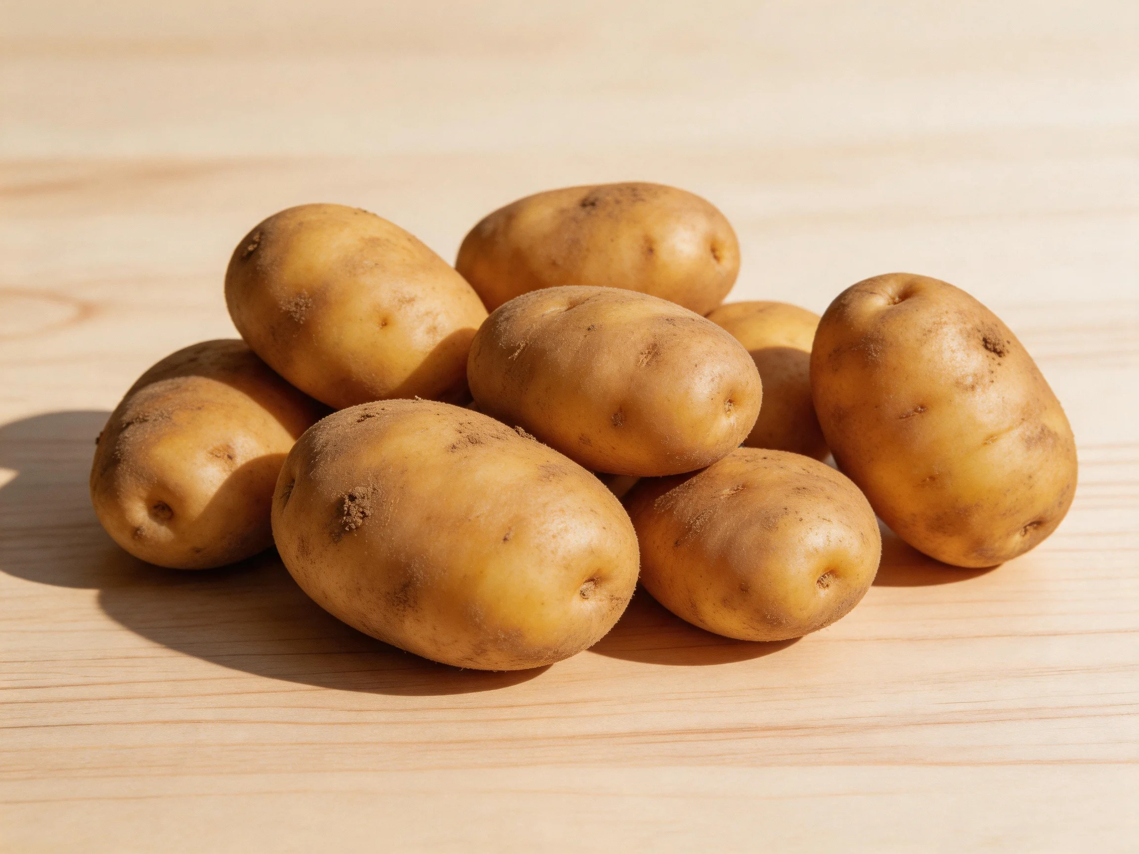 A pile of fresh yellow-brown potatoes arranged on a light wooden surface