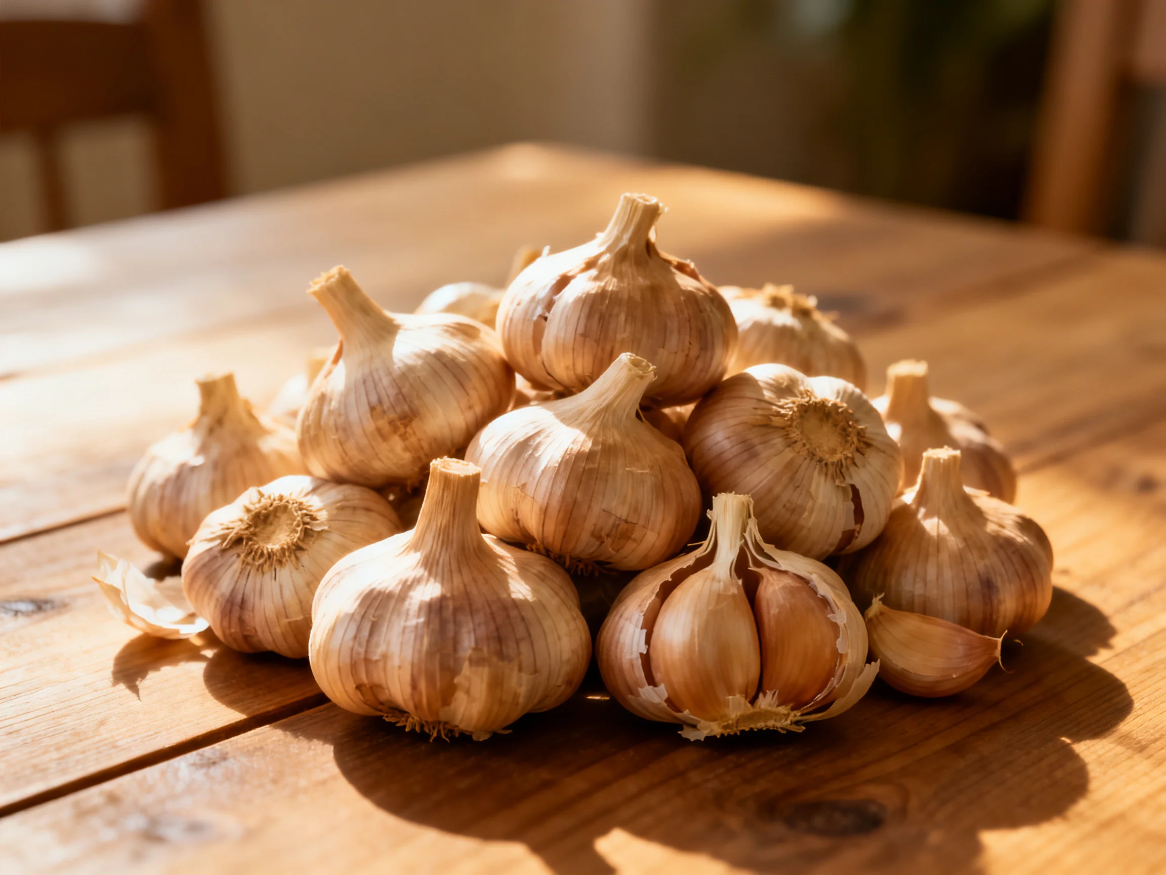 A pile of garlic bulbs on a wooden table with sunlight