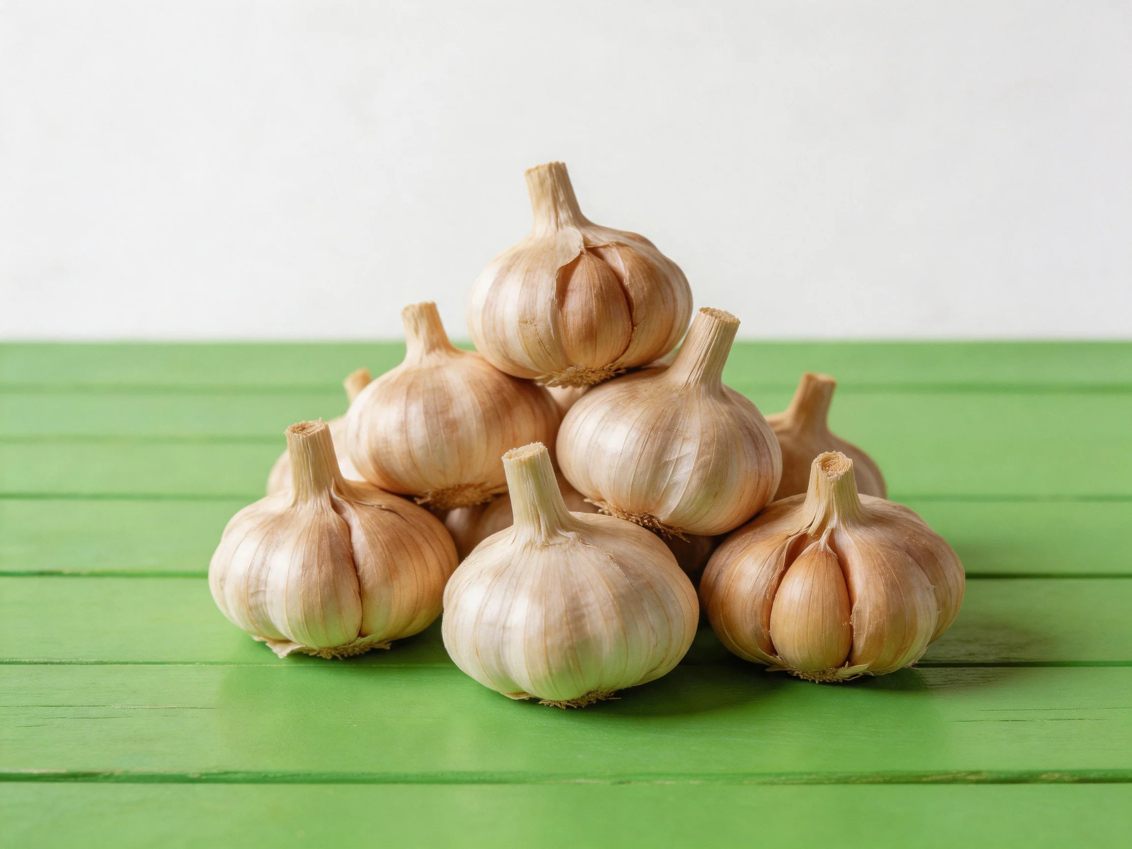 A pile of garlic bulbs stacked on a green wooden surface