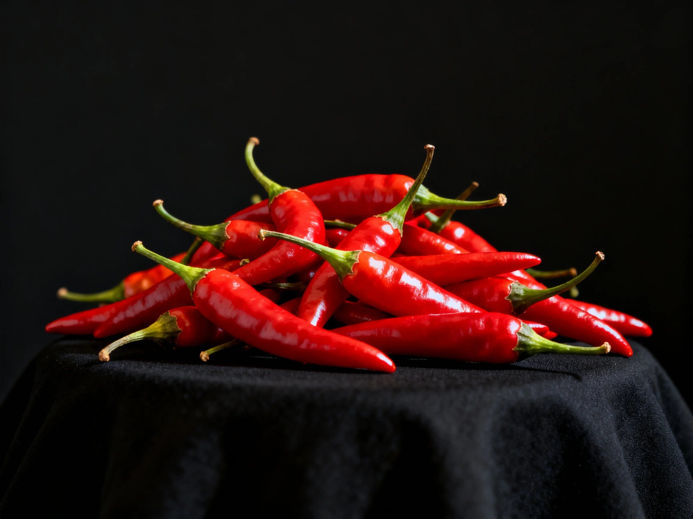 A pile of glossy red chili peppers resting on a black fabric surface