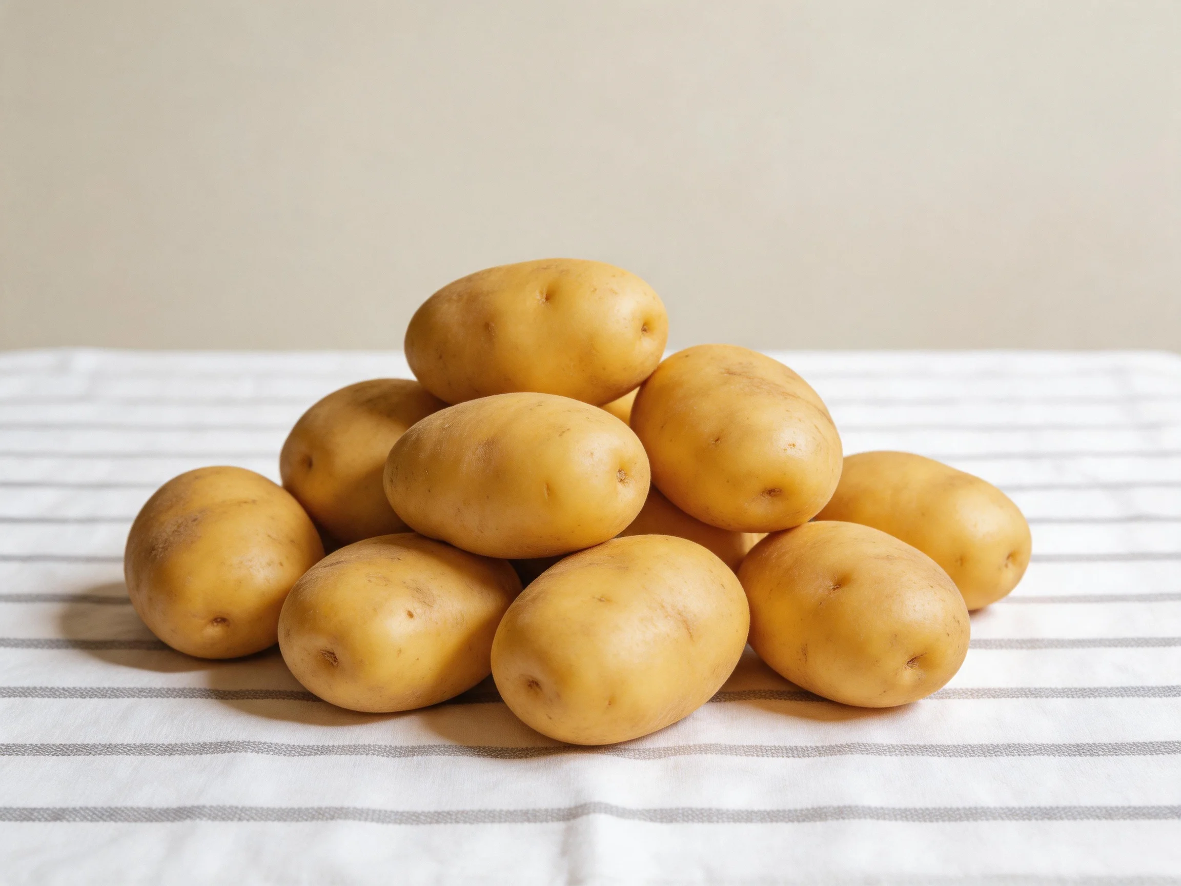 A pile of golden potatoes arranged on a white and gray striped cloth