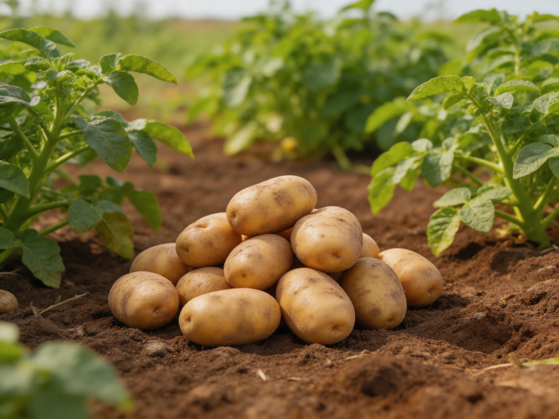 A pile of golden potatoes sits amid lush green potato plants in fertile brown soil