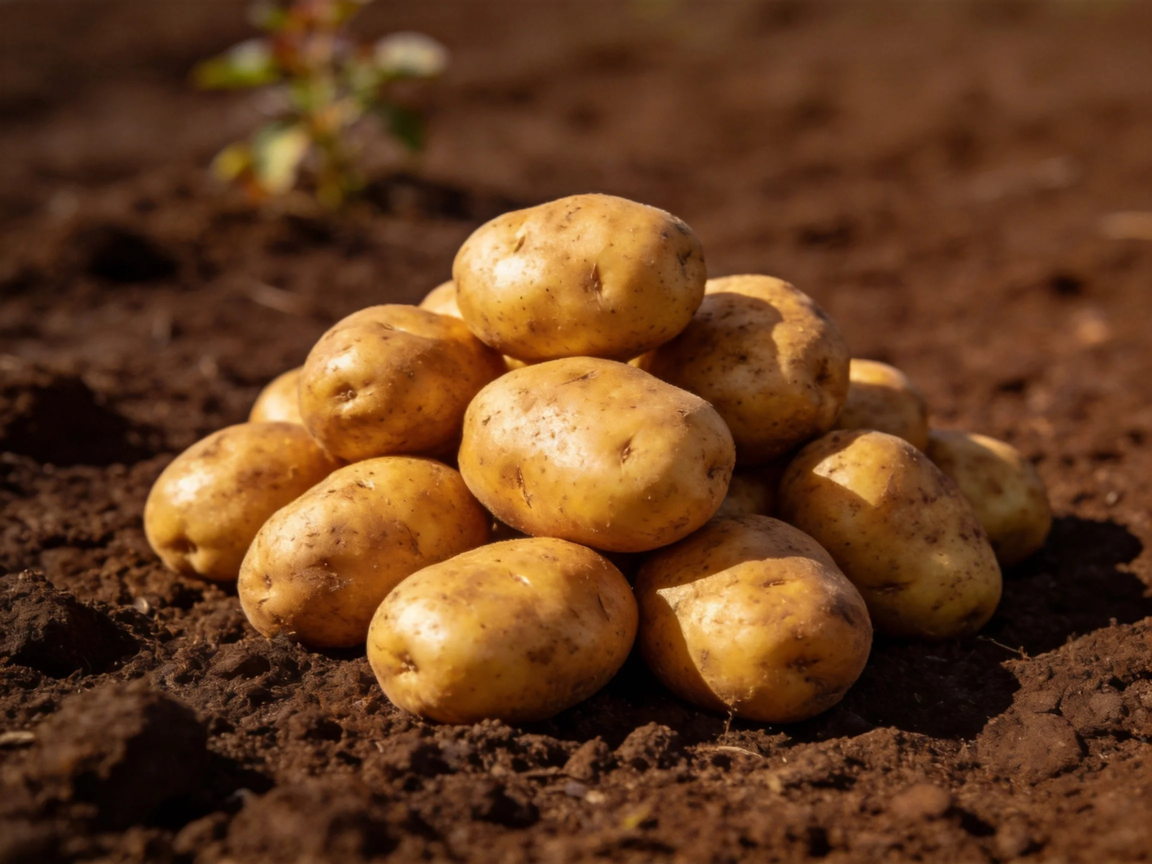 A pile of golden potatoes stacked in a pyramid on dark brown soil