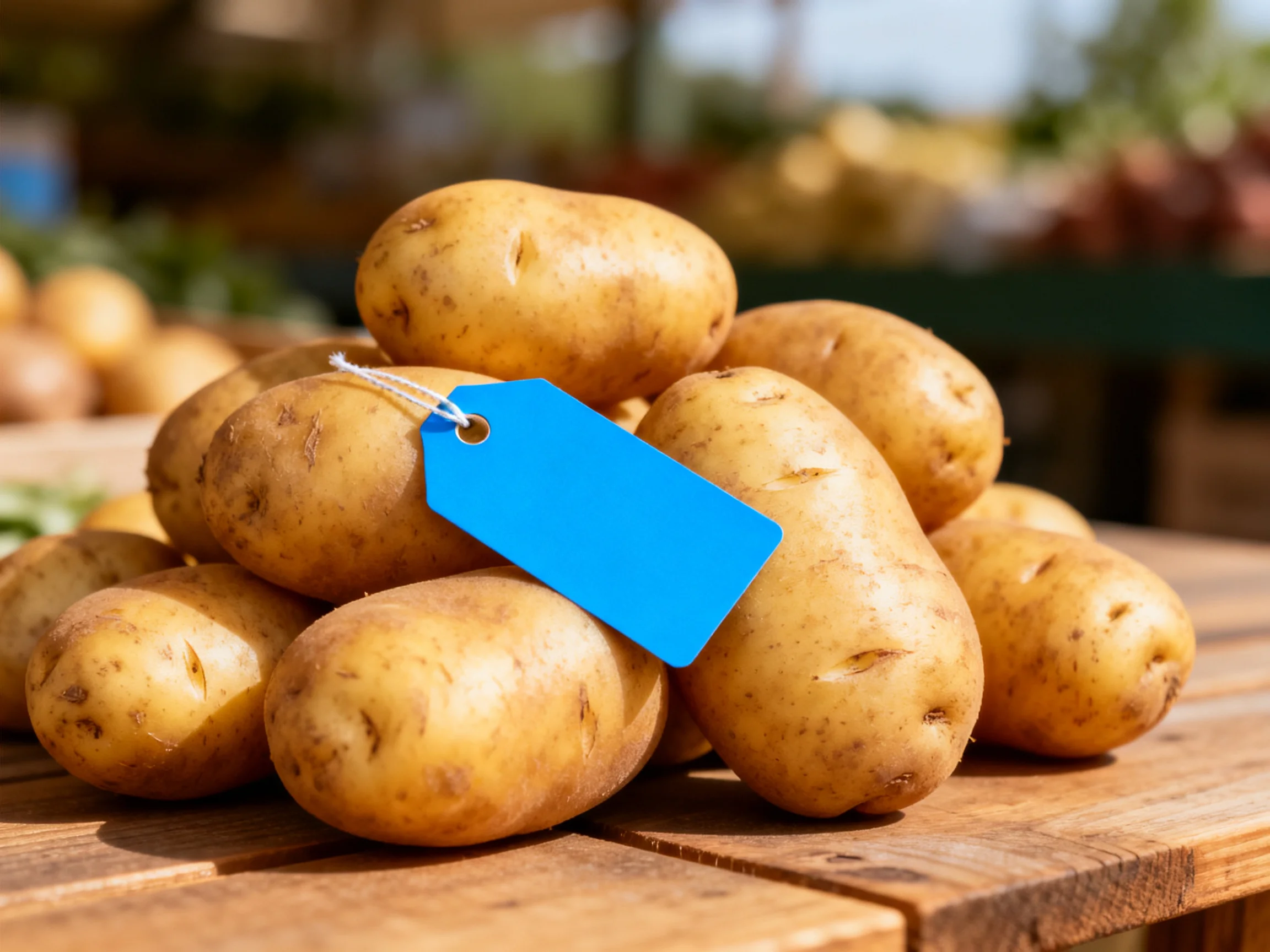 A pile of golden potatoes with a bright blue price tag on a wooden surface