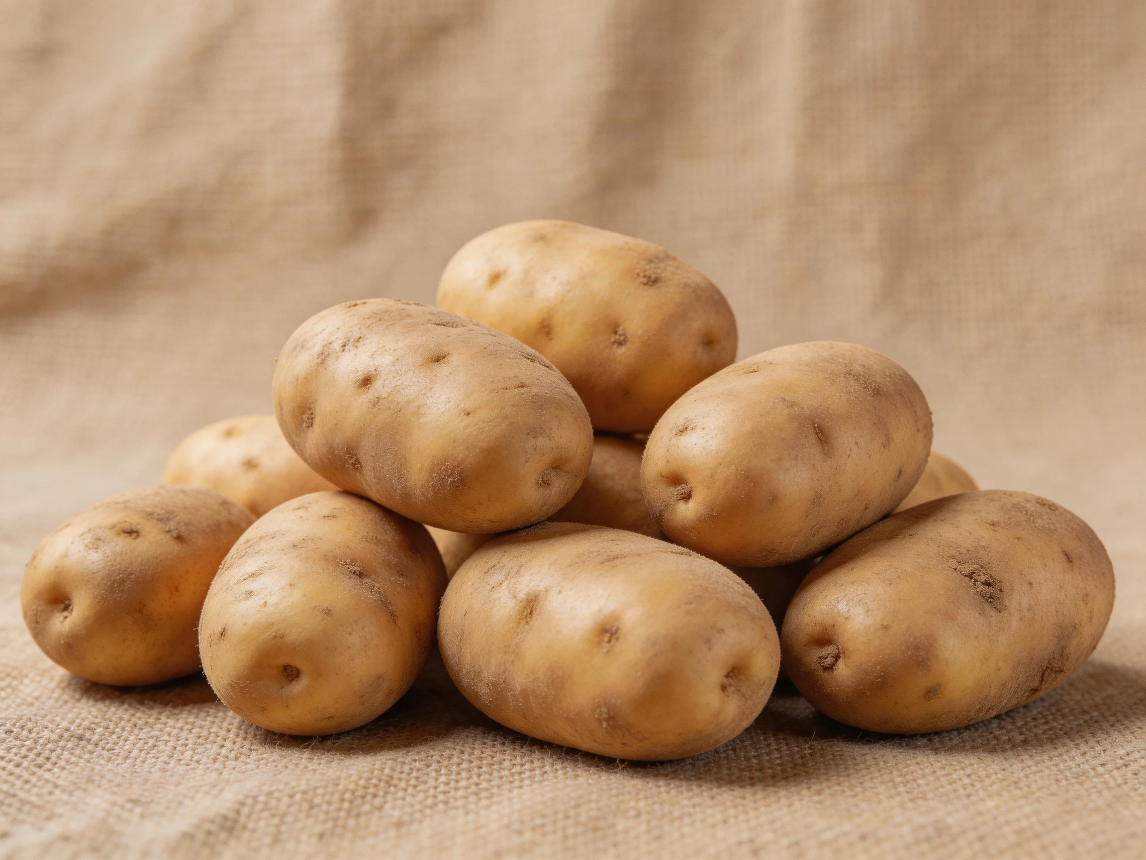 A pile of light brown potatoes arranged on a textured burlap fabric