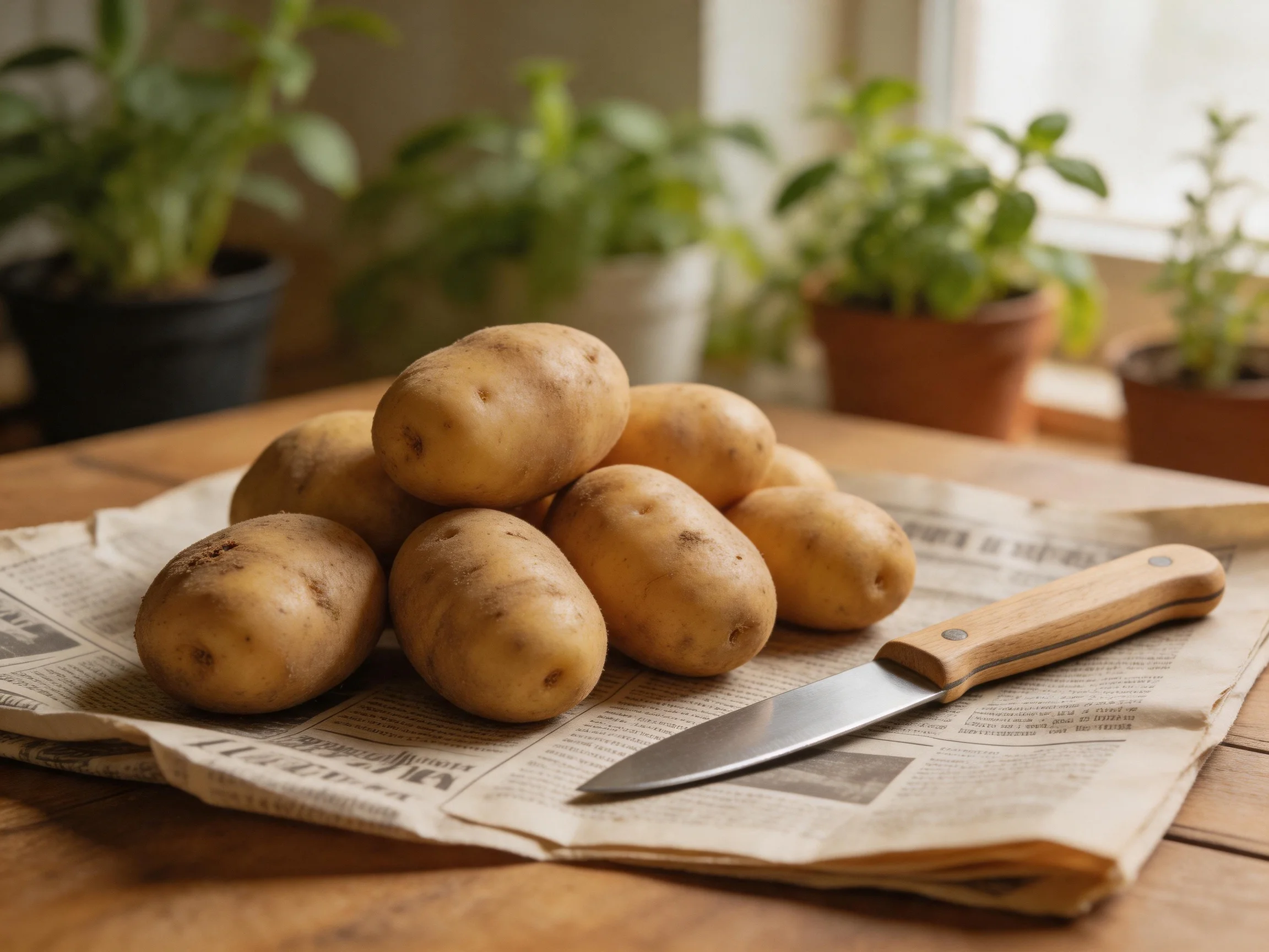A pile of light brown potatoes sits on a newspaper with a wooden-handled knife nearby