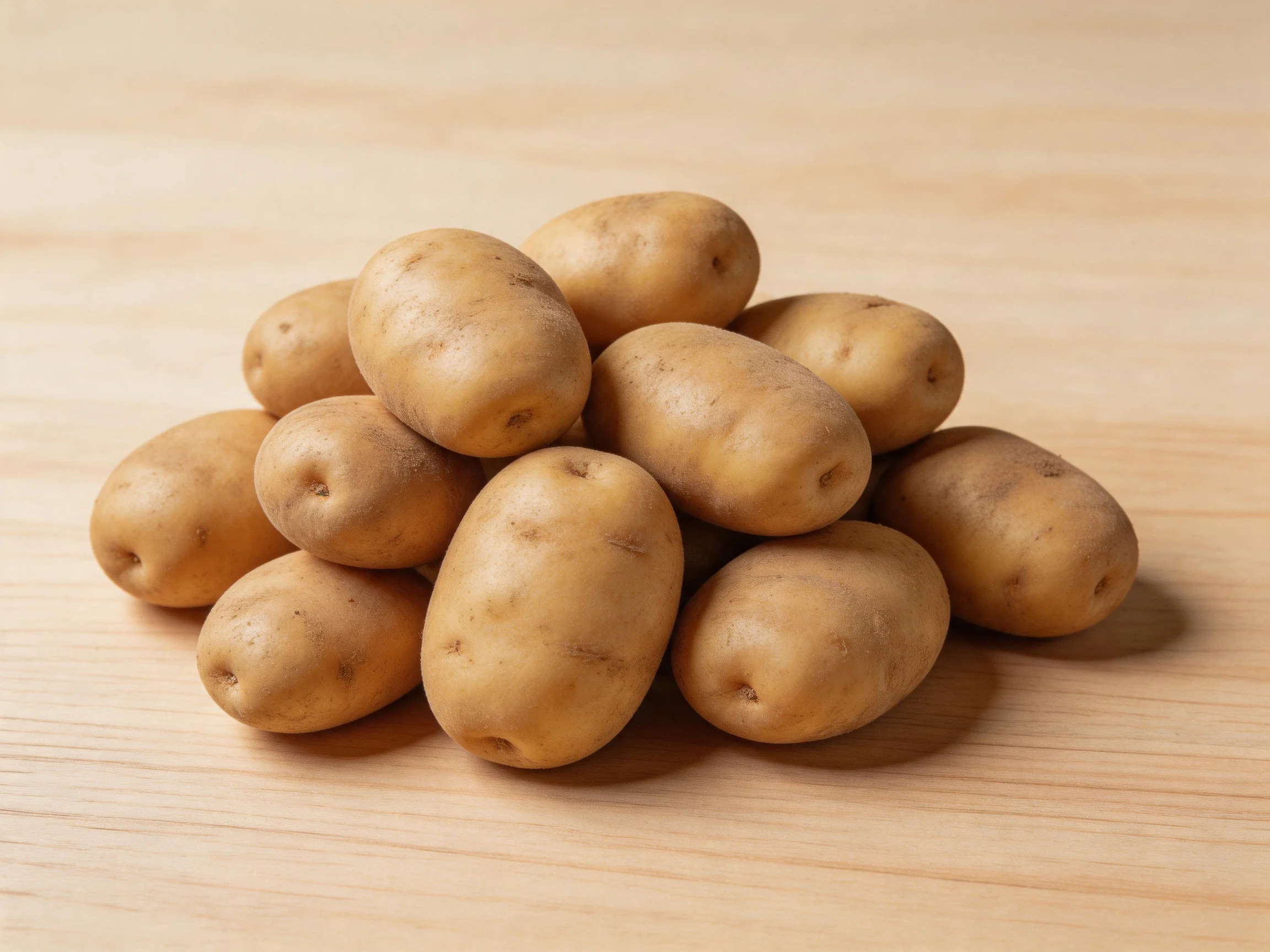 A pile of medium-sized tan potatoes arranged on a light wooden surface