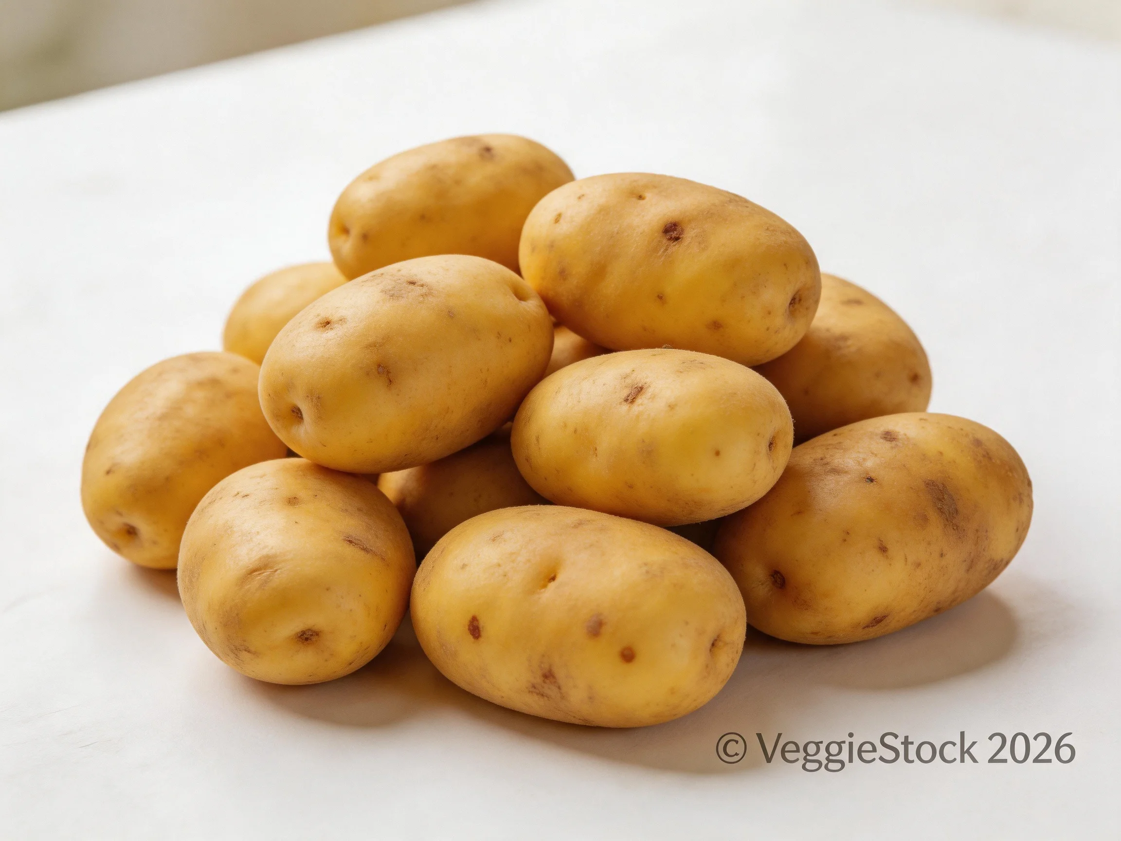 A pile of medium-sized yellow potatoes arranged on a white surface