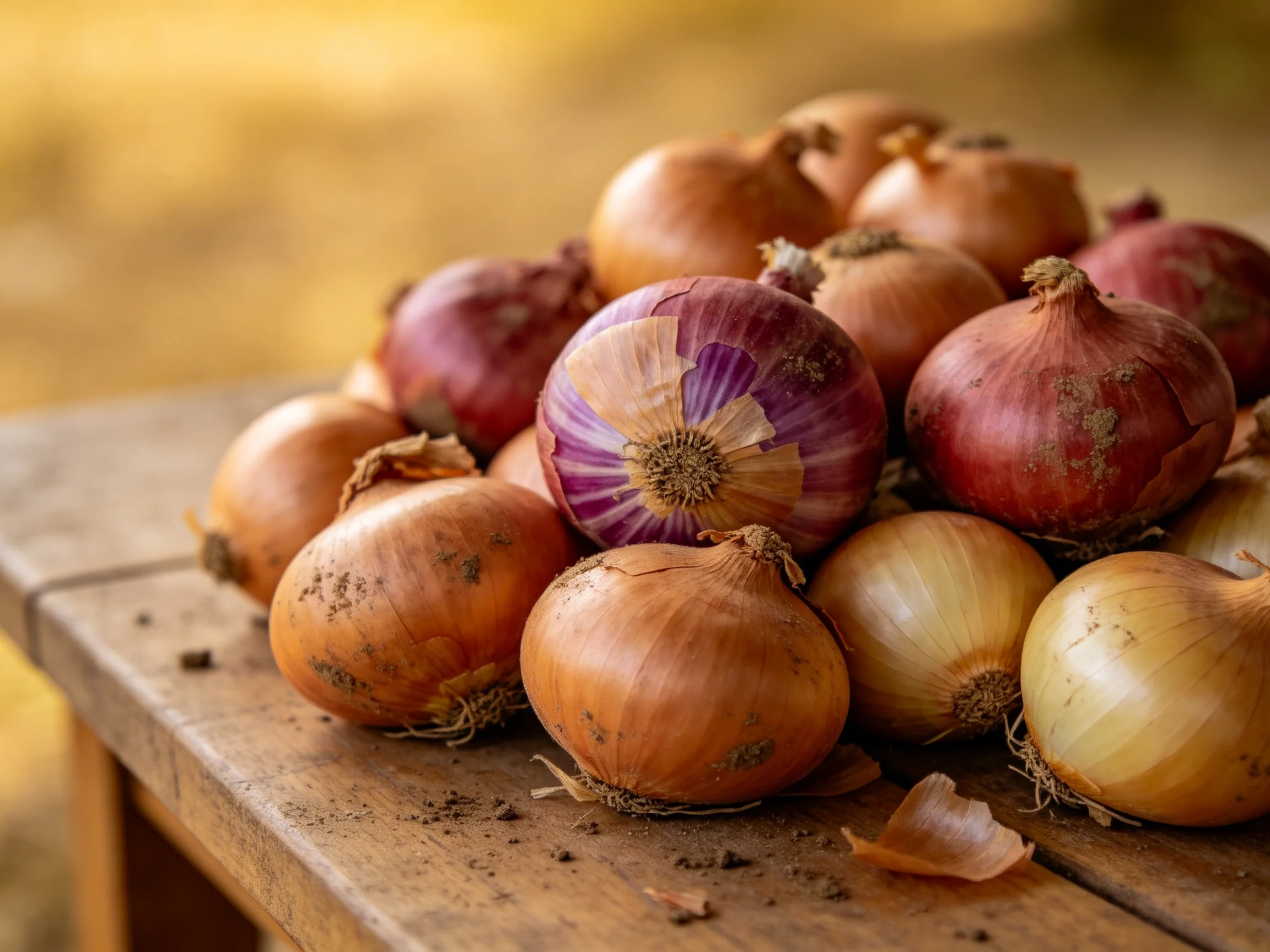 A pile of multicolored onions on an aged wooden table
