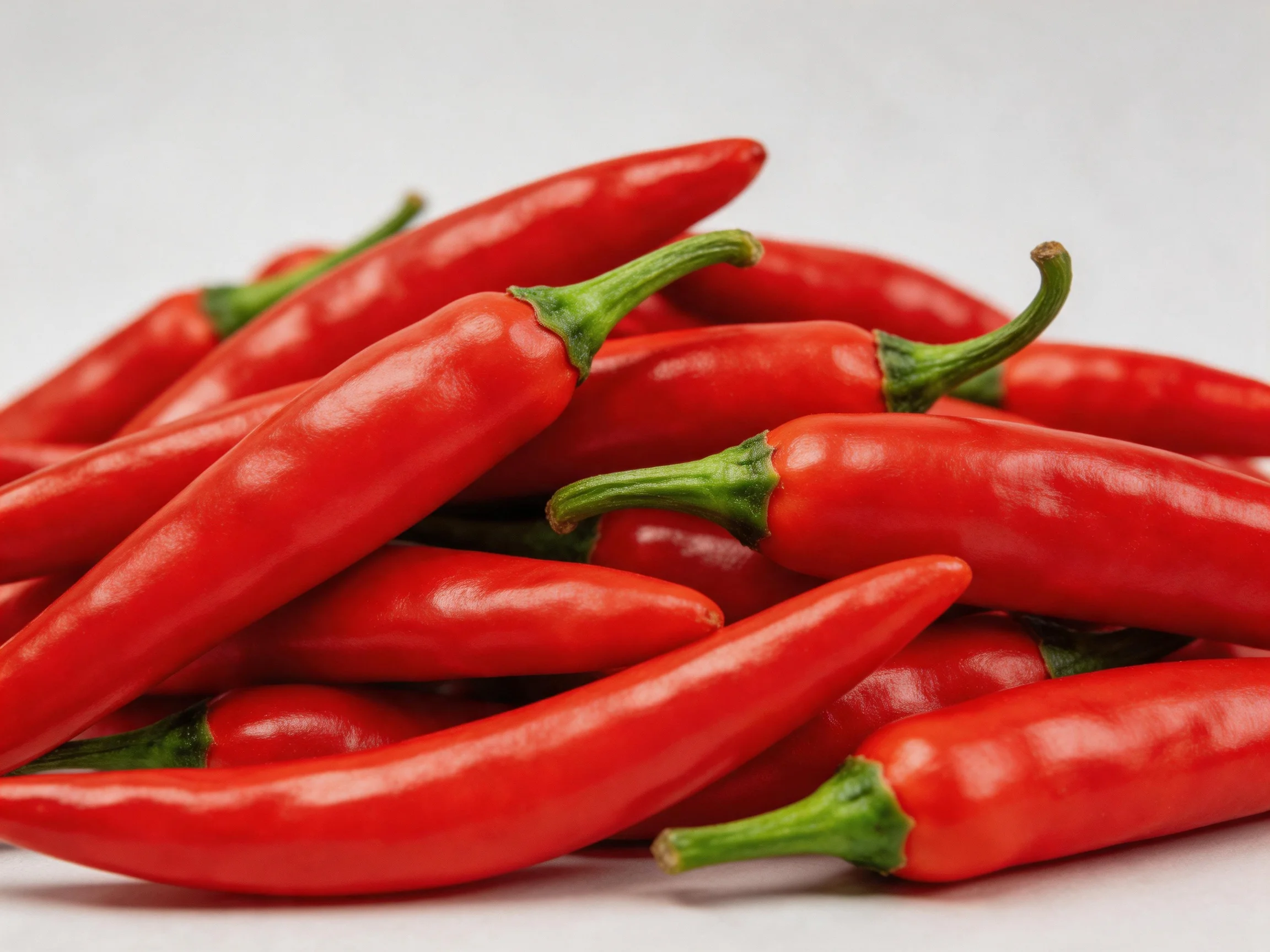 A pile of numerous bright red chili peppers with green stems