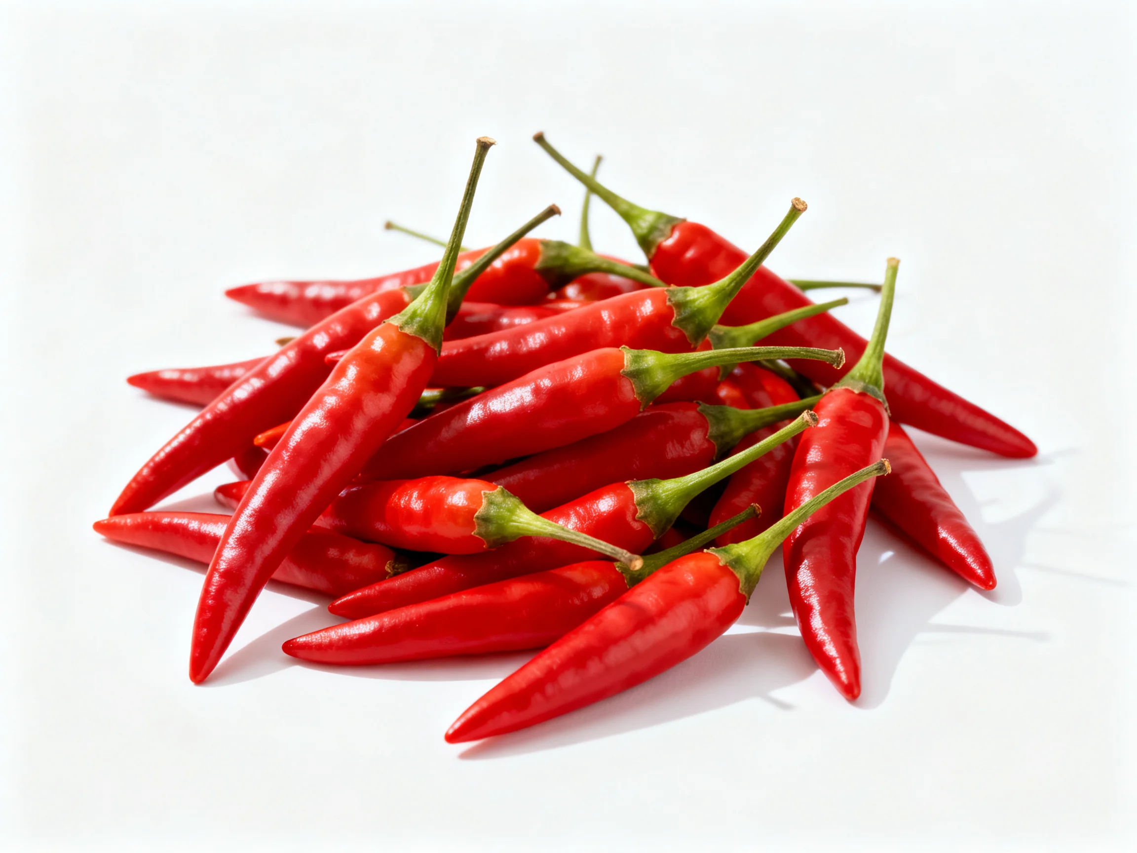 A pile of numerous bright red chili peppers with green stems