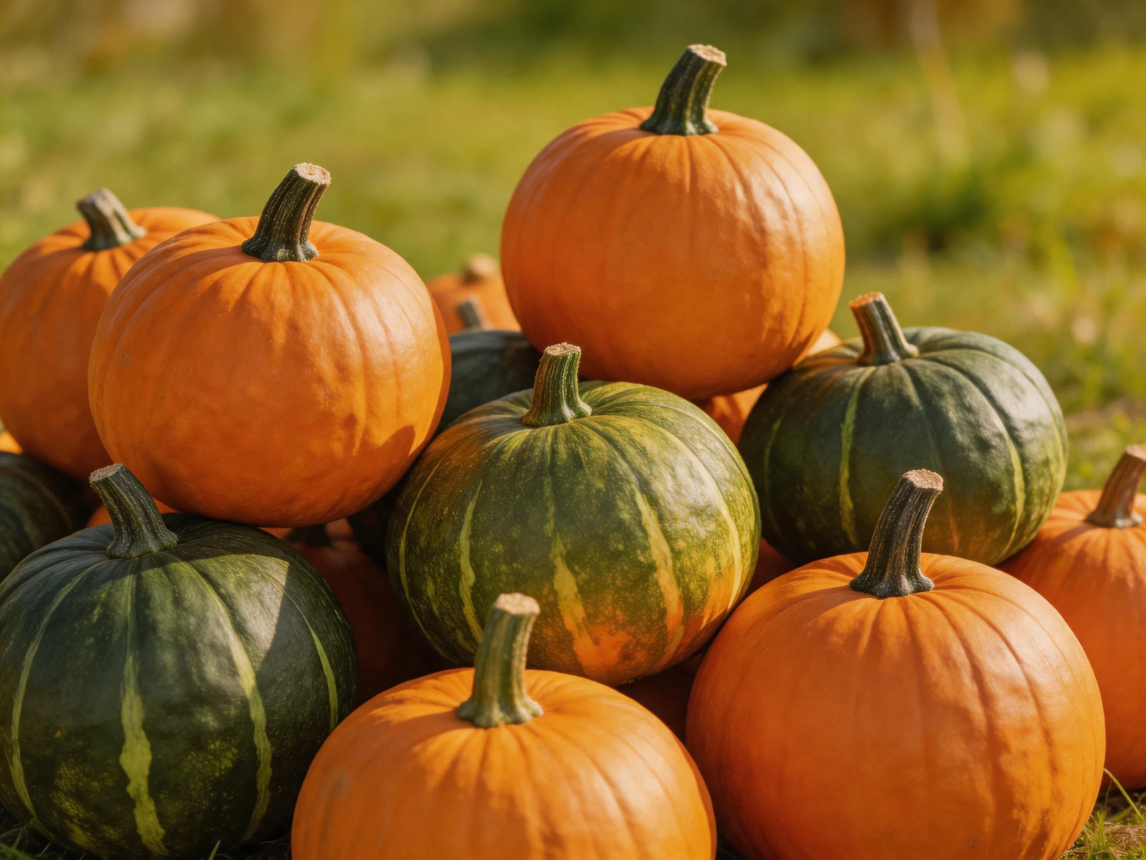 A pile of orange and green pumpkins arranged outdoors