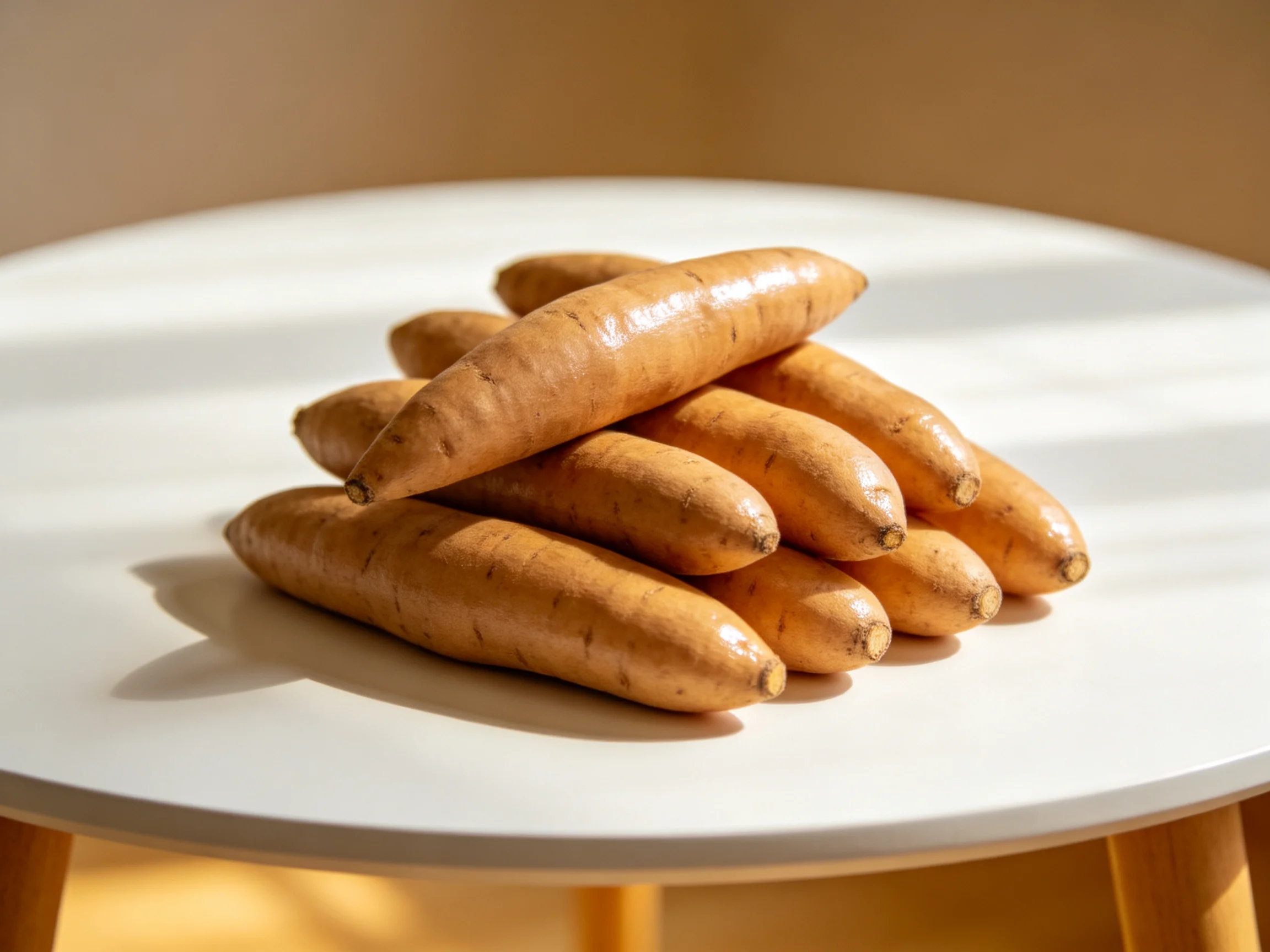 A pile of orange sweet potatoes arranged on a white circular table
