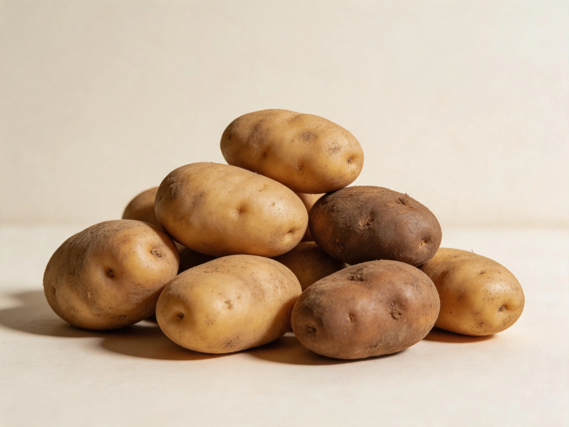 A pile of potatoes in varying earthy tones arranged on a neutral surface