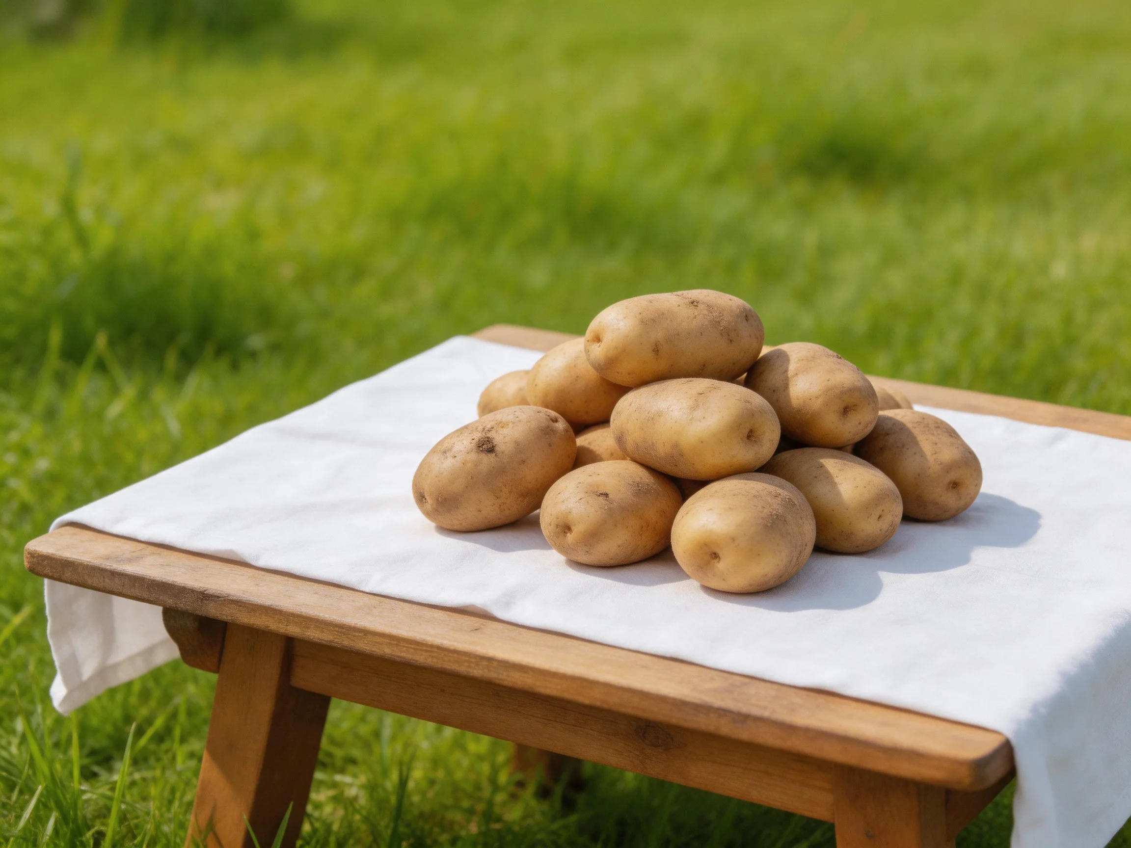 A pile of potatoes sits on a wooden table with a white cloth in a grassy field