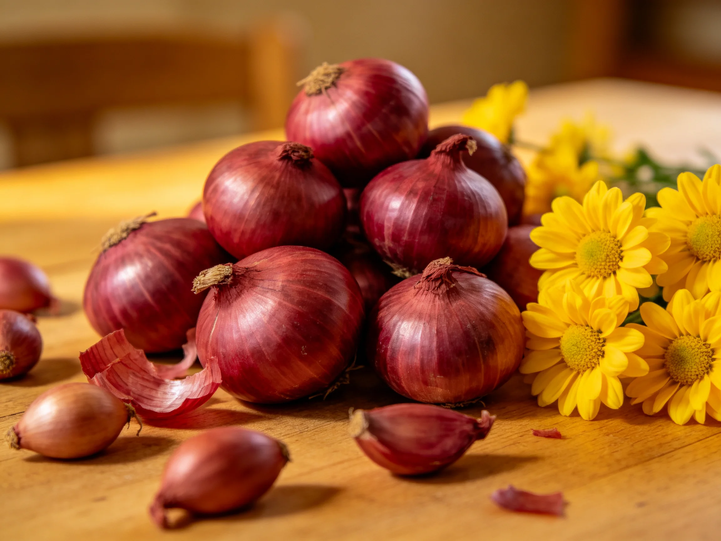 A pile of red onions with yellow flowers on a wooden surface
