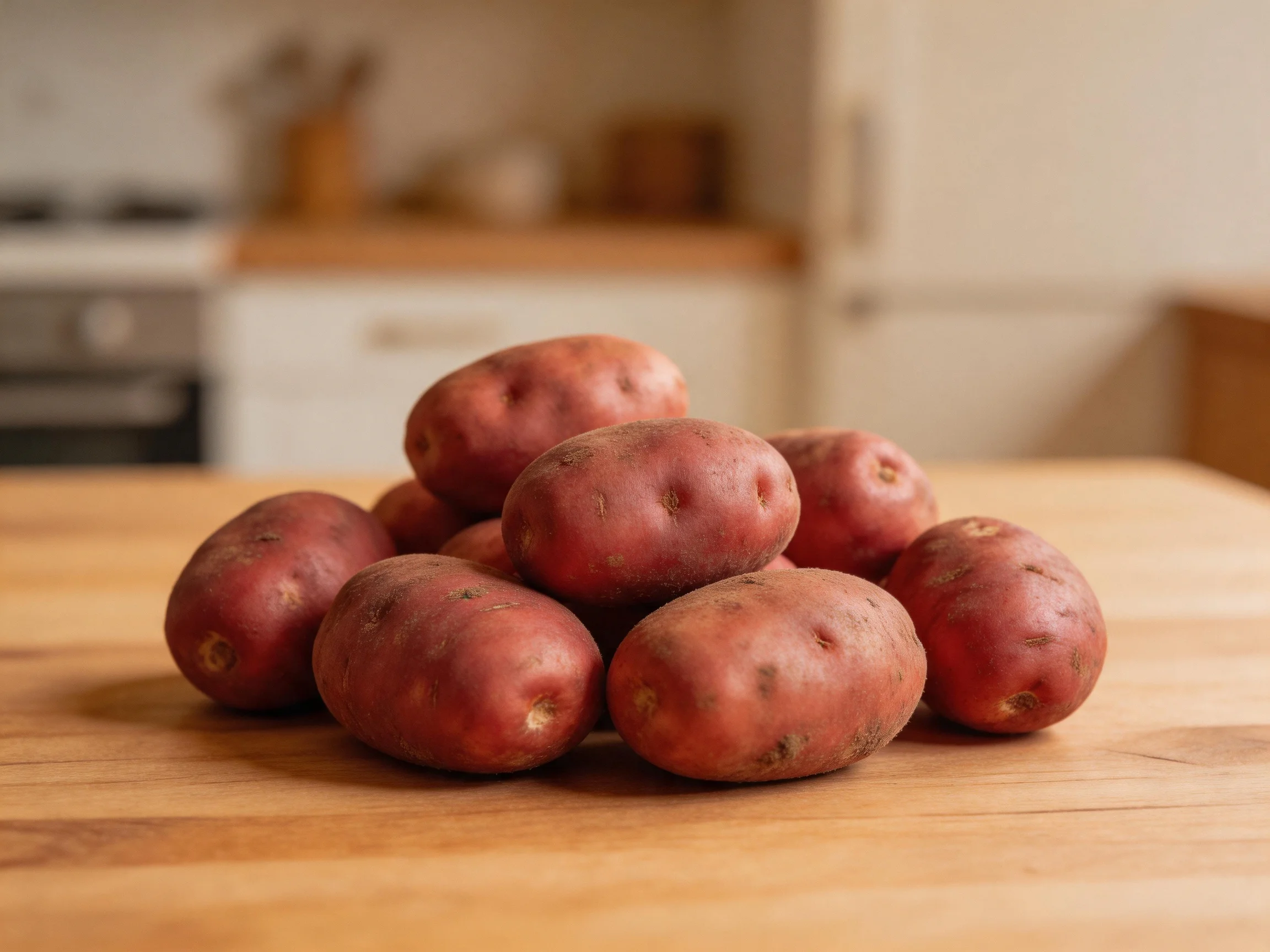 A pile of red-skinned potatoes arranged on a wooden kitchen surface