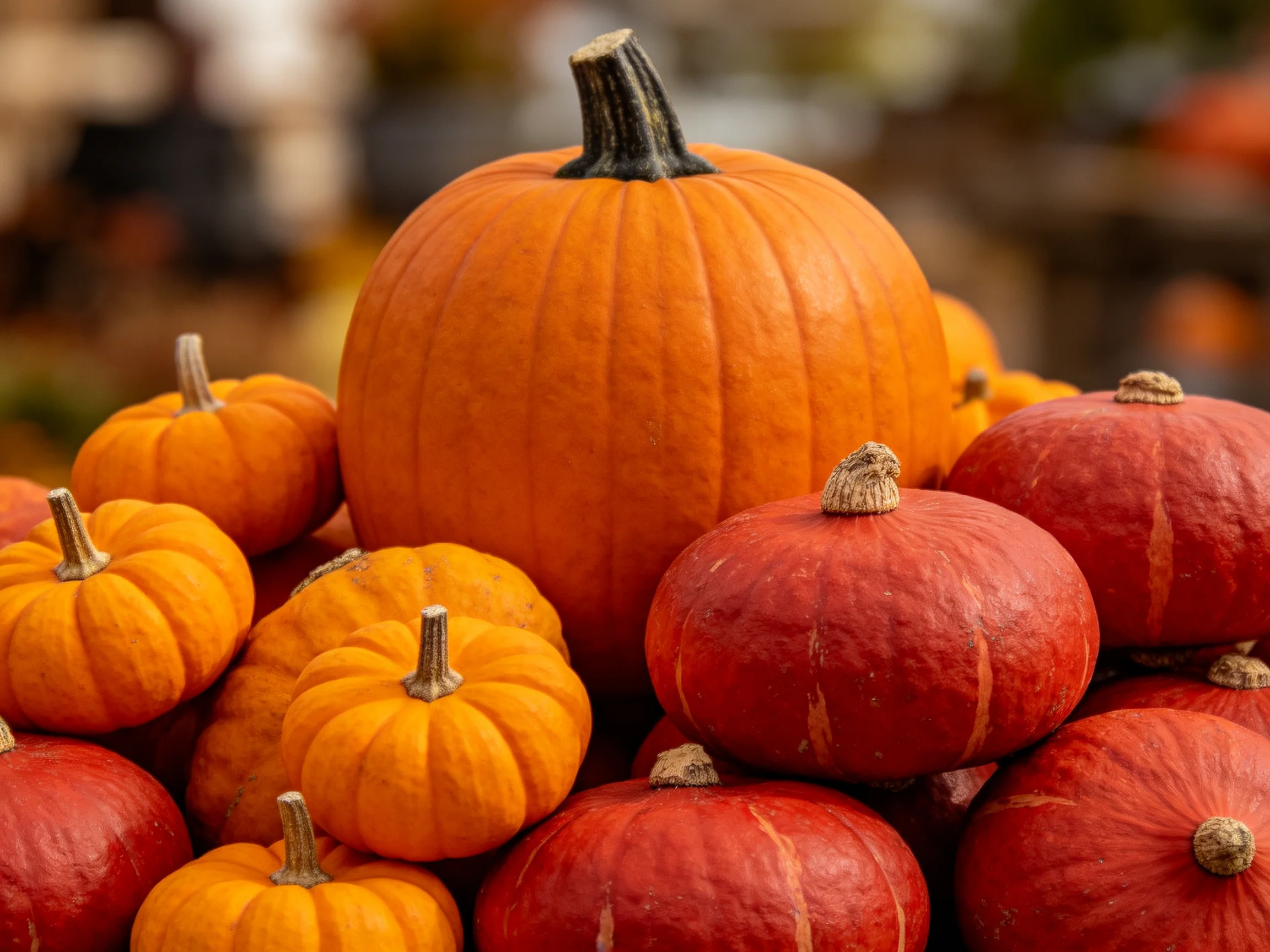 A pile of small and large orange and red pumpkins arranged closely together